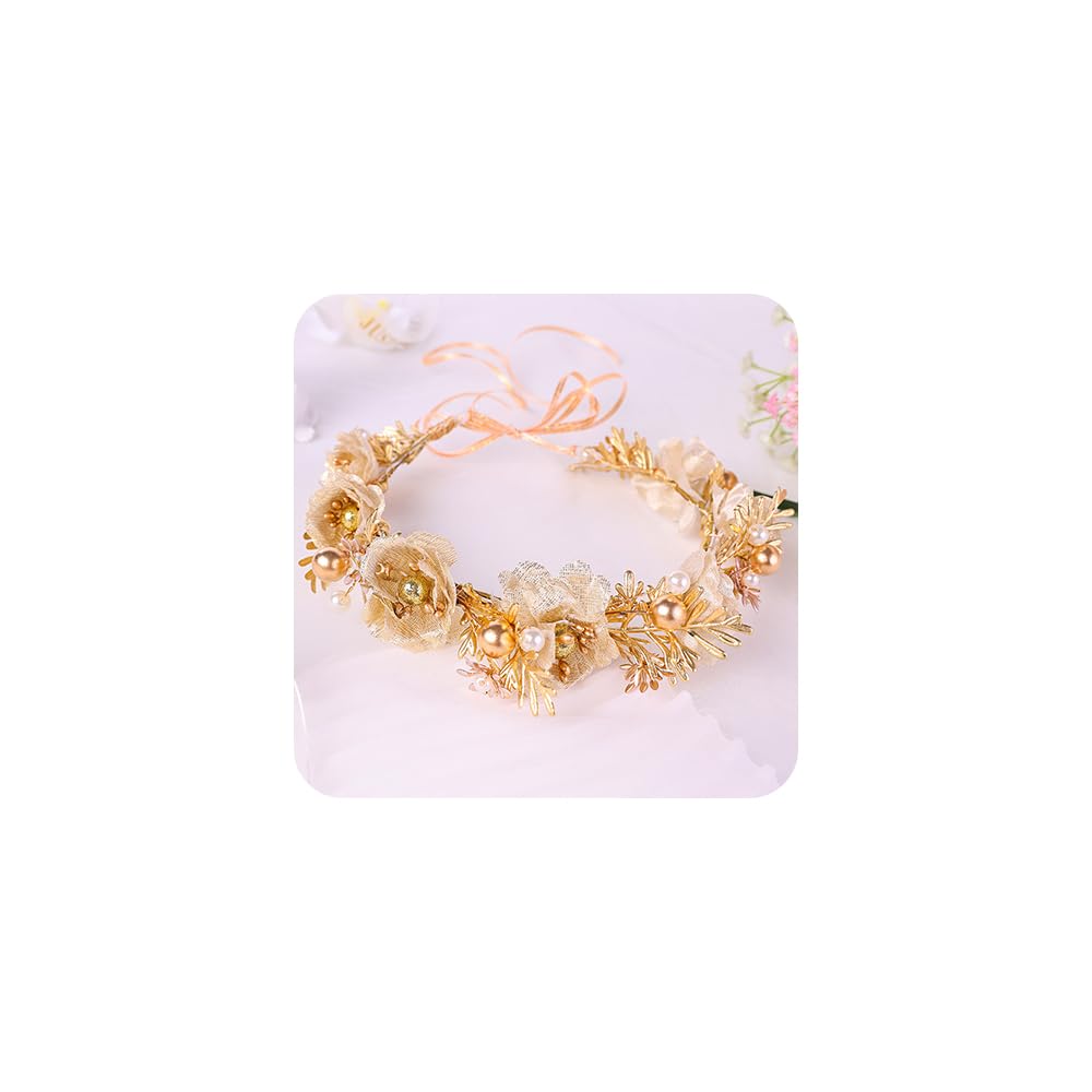 yuruyi Adjustable Flower Crown Headband for Women - Floral Garland Hair Wreath with Crystal Accents Perfect for Weddings Flower Wands Photo Props (Gold Flower Pearl, Adjustable)