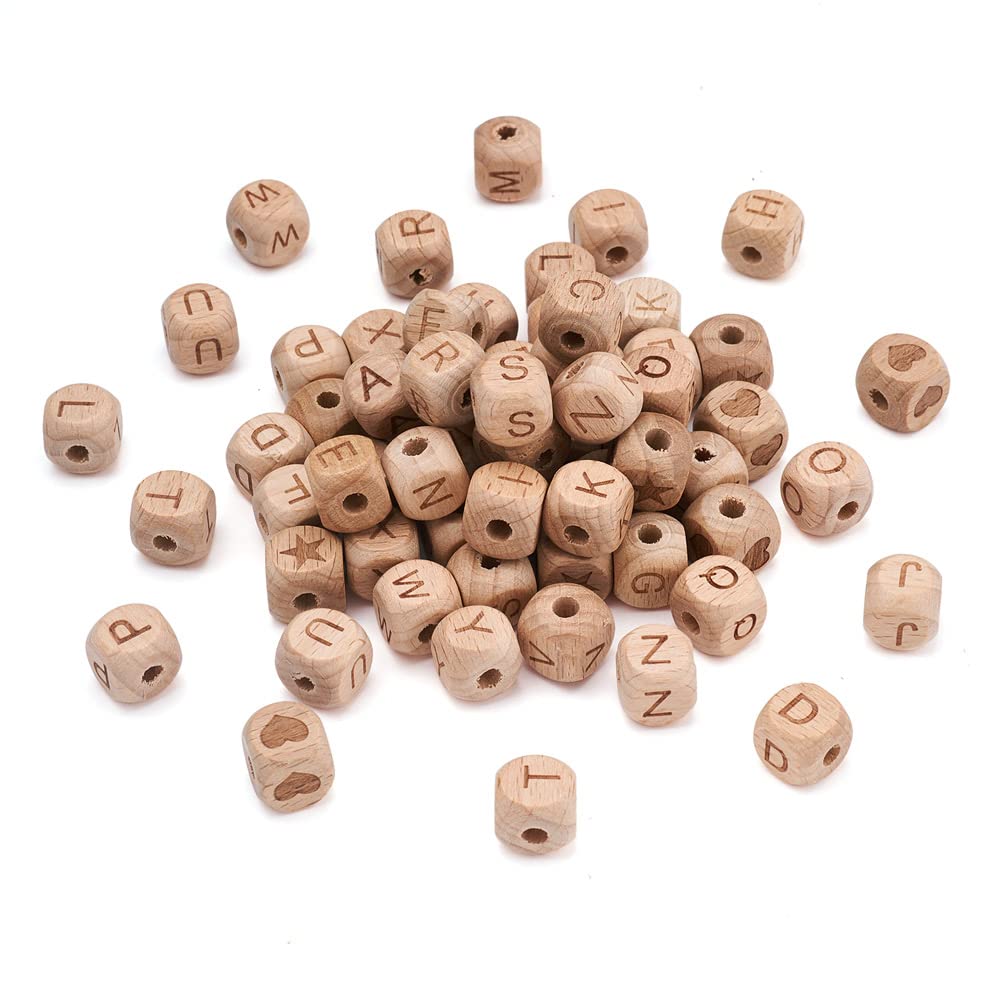 KISSITTY 98pcs Wooden Beads for Crafts Letter Wood Beads Cube Alphabet Beads Large Hole Wood Spacer Beads with Star Heart for Necklaces Bracelet Antique White Letters