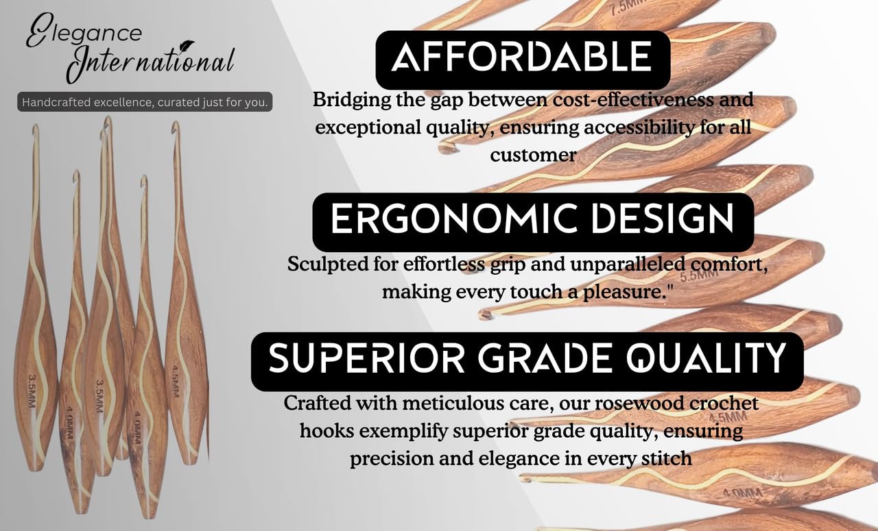 Rosewood Crochet Hooks Set - 7 Sizes 4mm to 10mm - Wooden Crochet Hooks with Comfortable Grip - - Ergonomic Design for Arthritic Hands - for Crocheting, Knitting - Gifts for Her(Set of 7)