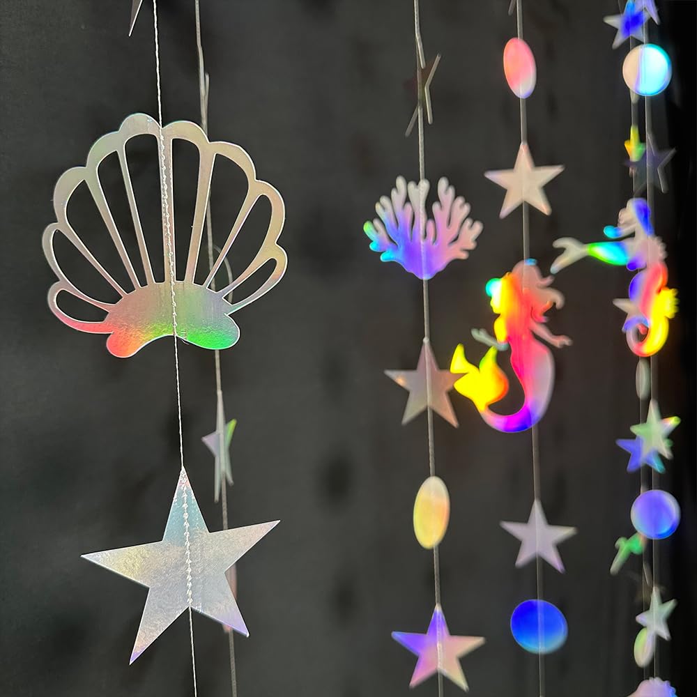 8 String Blingbling Rainbow Under The Sea Streamer Party Banner Decoration Kids Mermaid Birthday Decor Shell Coral Ocean Theme Baby Shower Garlands Photograph Backdrop Party Supplies