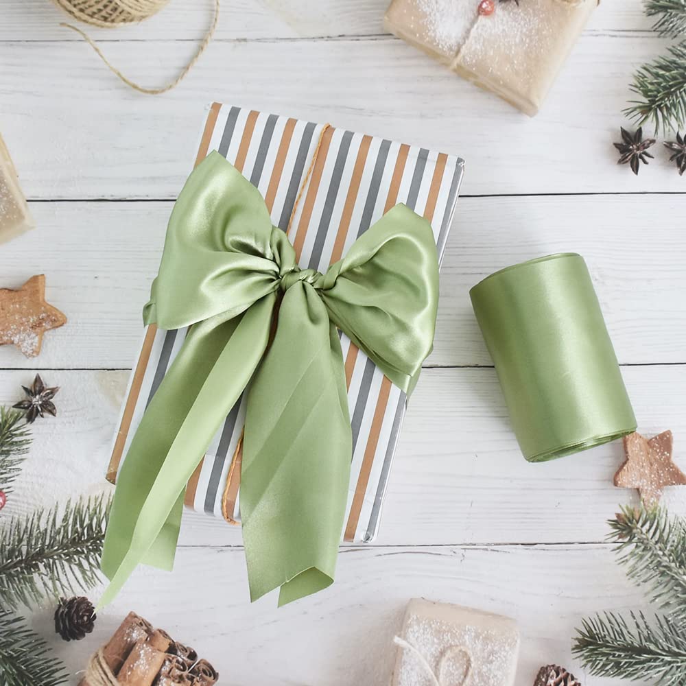 TONIFUL 4 Inch Wide Sage Olive Green Solid Satin Ribbon 22yd Fabric Large Ribbon for Cutting Ceremony Grand Opening Chair Sashes Table Hair Car Bows Floral Craft Sewing Wedding Party Decoration
