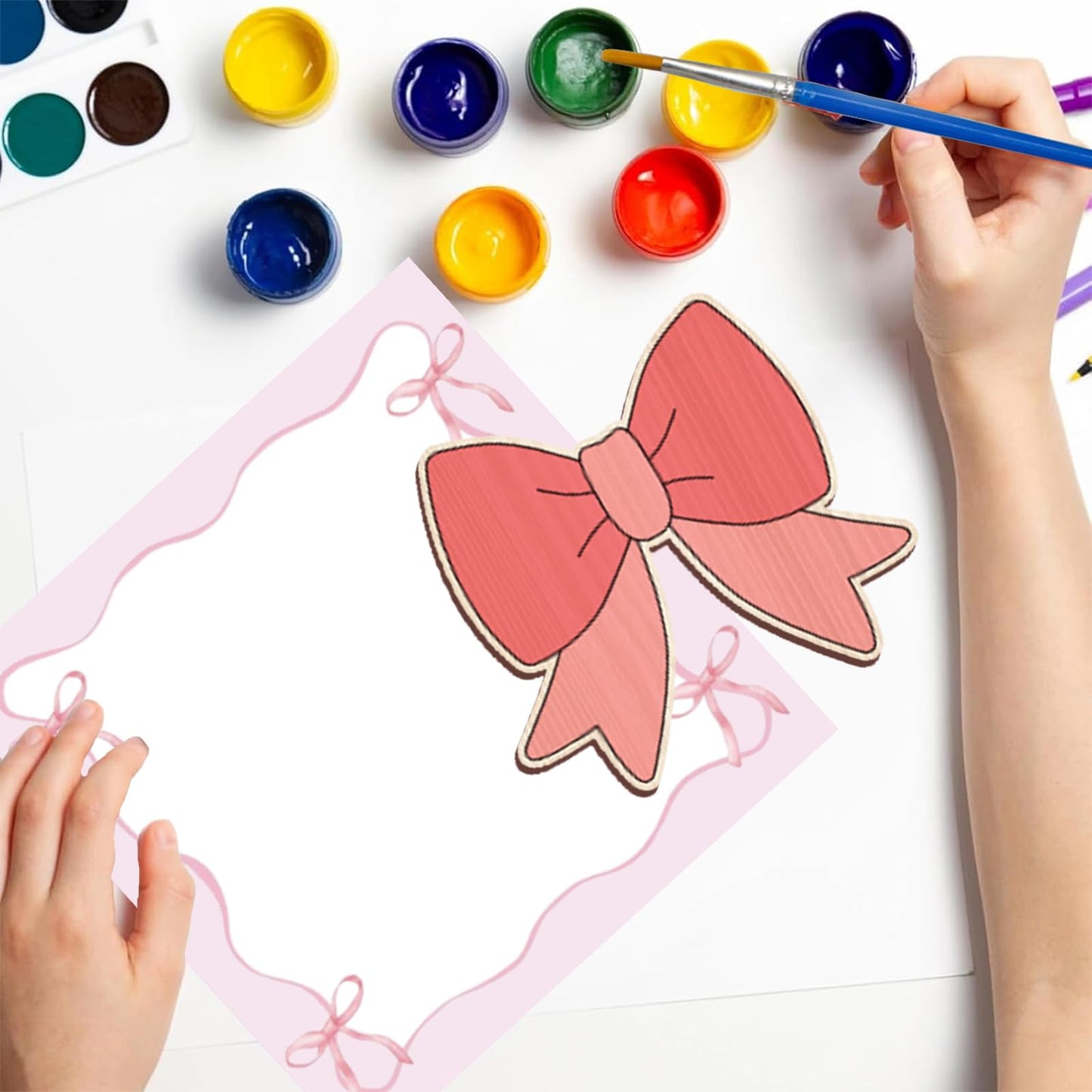 HABDJILTY 12 Pcs Pink Bow Party Favors Bow Wooden Crafts for Kids Coloring Wood Pink Bow Crafts, Bows DIY Painting Craft Kits for Student School Art Activity Gifts Games Party Supplies