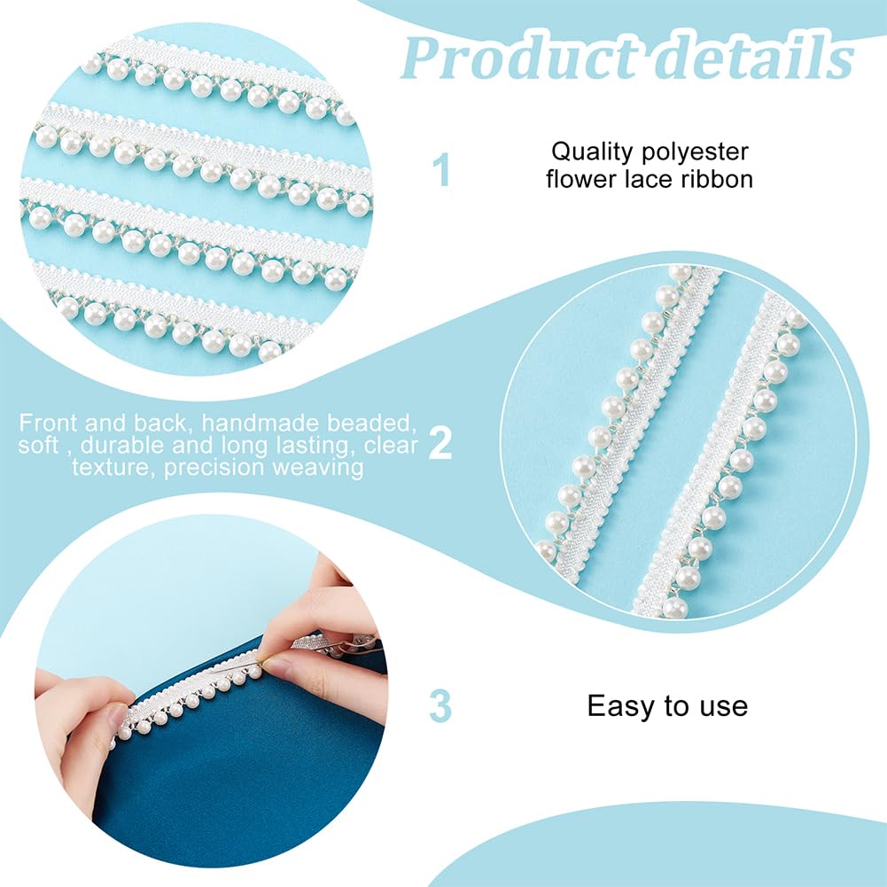 PH PandaHall 5 Yards Faux Pearls Lace Ribbon, 1/2 inch Applique Pearl Fringe Craft Ribbon Pearls Chain Pearl Beaded Trim Bridal Embellishments for Wedding Sewing Clothing Craft Costume Lamp Shade