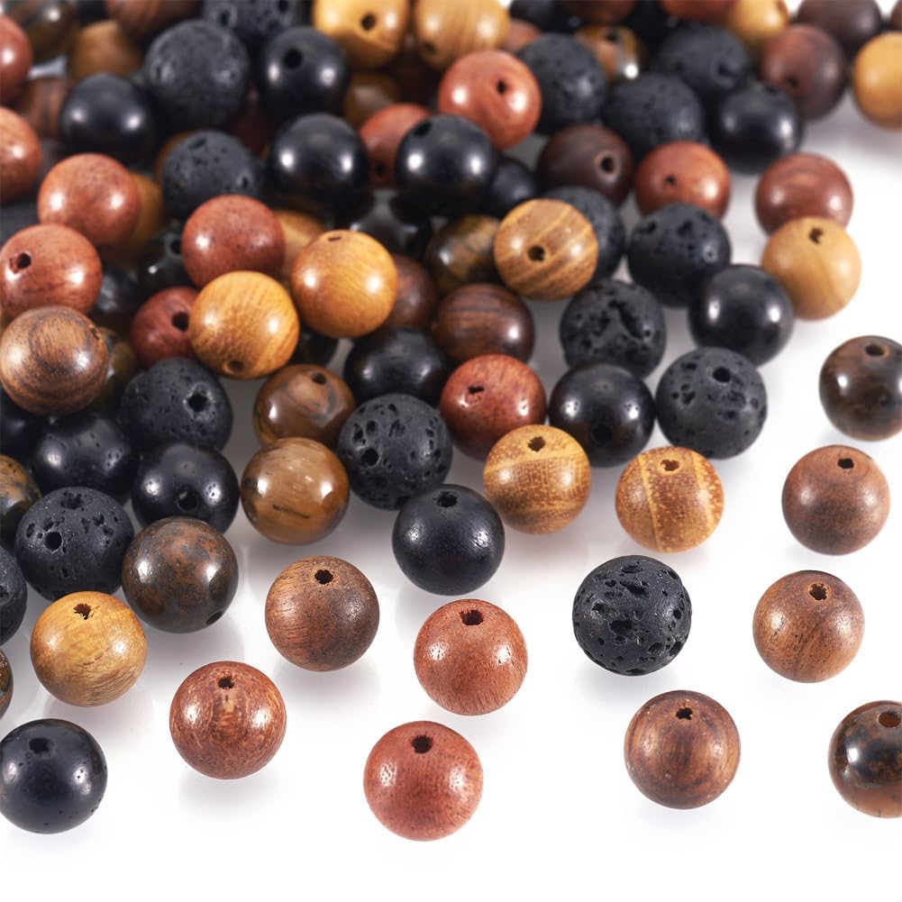 KISSITTY 300Pcs 6 Style Natural Wood Round Gemstone Beads Kit for Easter 8mm Lava Rock Bead & Grade AB Tiger Eye Wood Bead Natural Polished Wooden Ball Loose Beads for Men Bracelet Jewelry Making