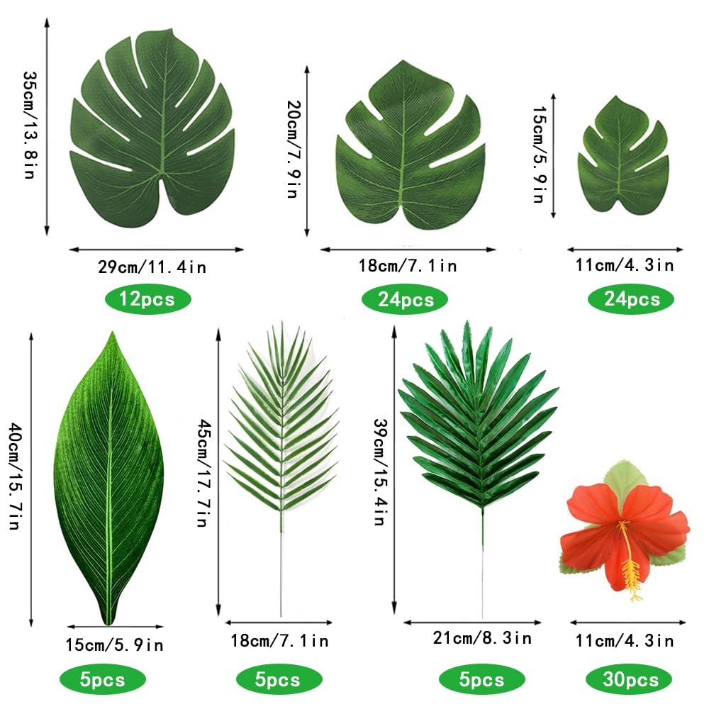 WEISPARK 105Pack Artificial Palm Leaves Hibiscus Flowers Tropical Party Decorations Supplies - 7 Kinds Fake Monstera Leaf for Safari Jungle Hawaiian Birthday Luau Party Theme Table Decor