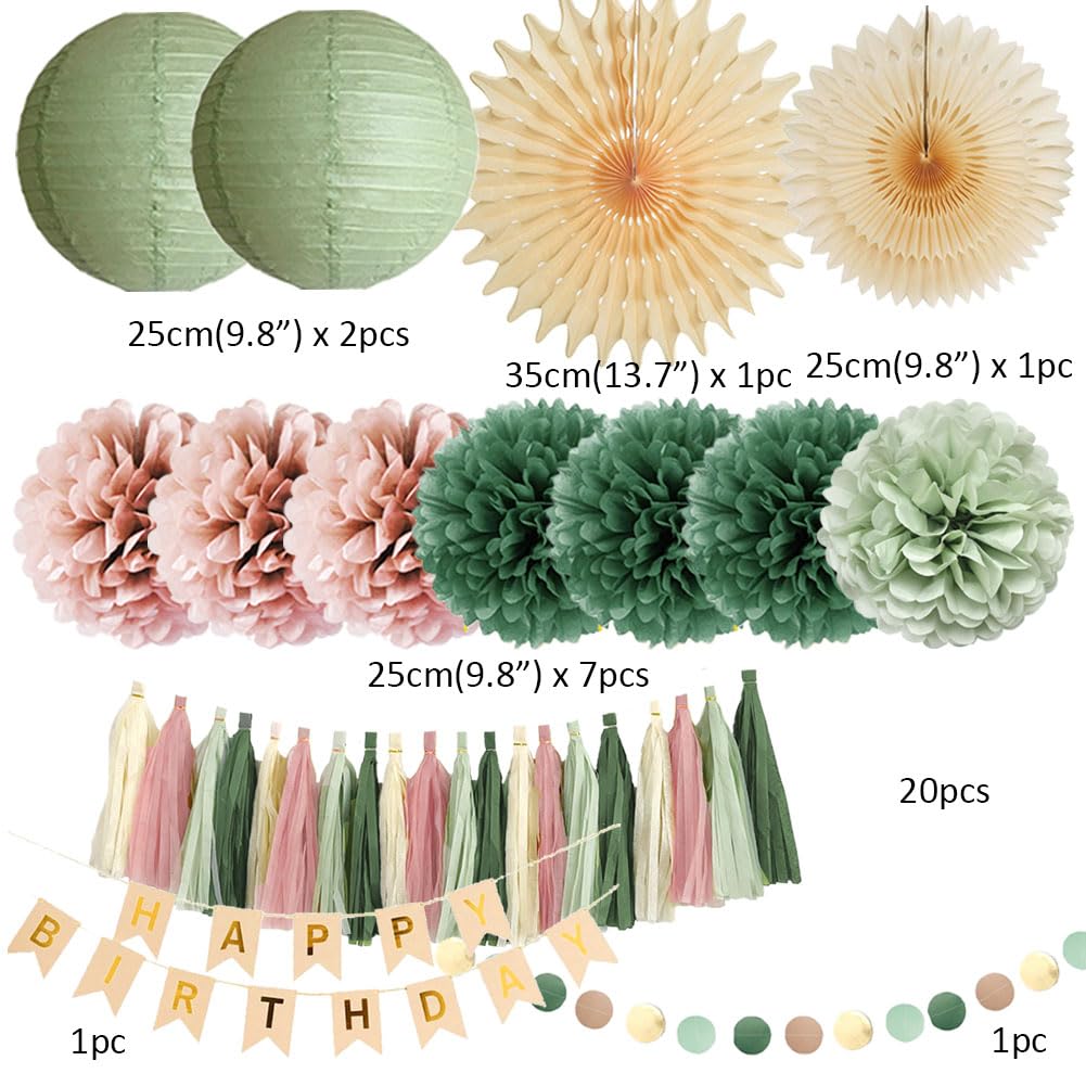 Sage Green and Pink Birthday Decorations Dusty Rose and Sage Green Happy Birthday Decor Retro Olive Sage Green and Dusty Pink Birthday Decorations for Women Girls with Tassel Garland Banner Beige Gold