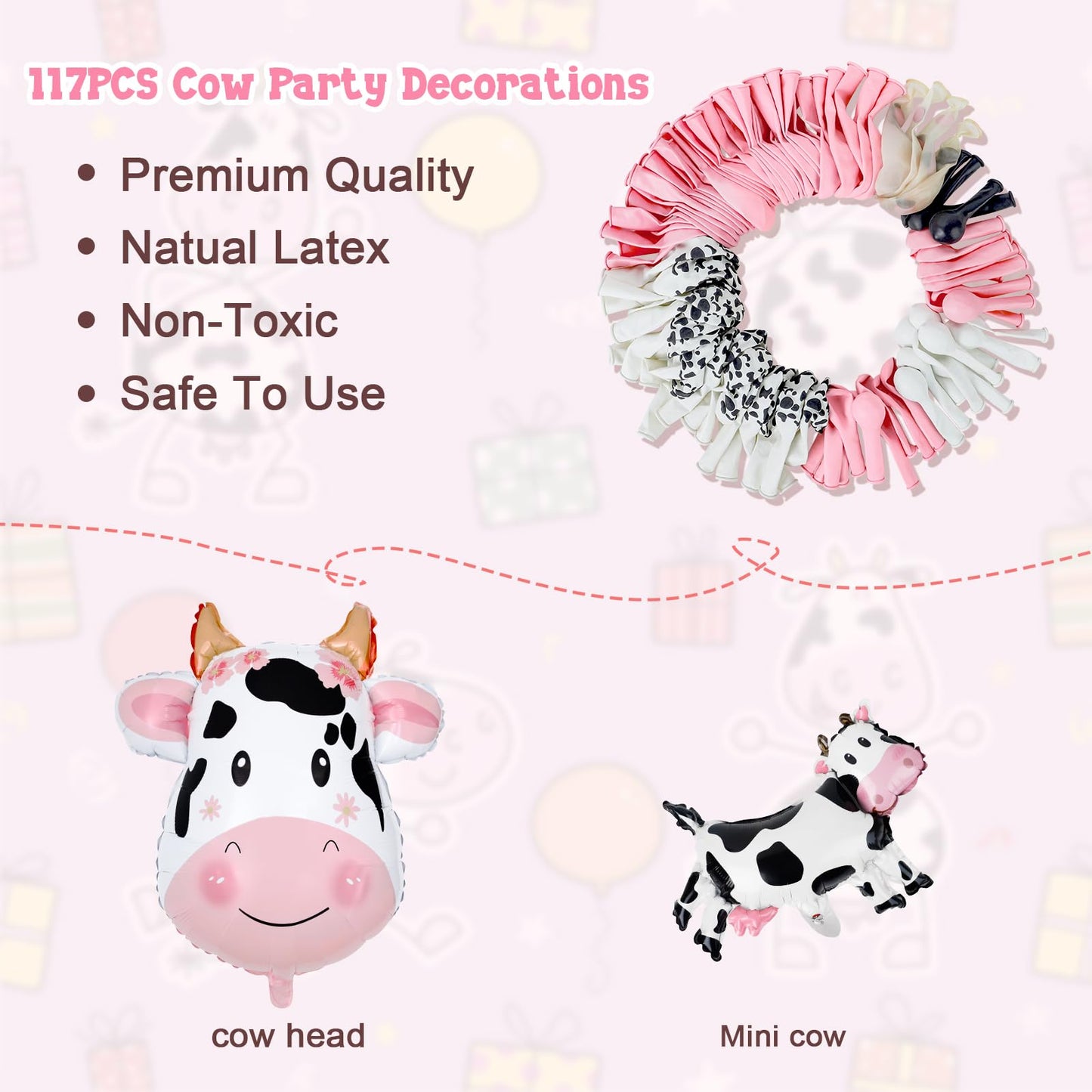 Amandir 115PCS Pink Cow Party Decorations - Balloon Garland Arch Kit with Cow Print Balloons, Happy Birthday Banner, Cake Topper for Girl Baby Shower, Farm Animals Themed Birthday Party Supplies