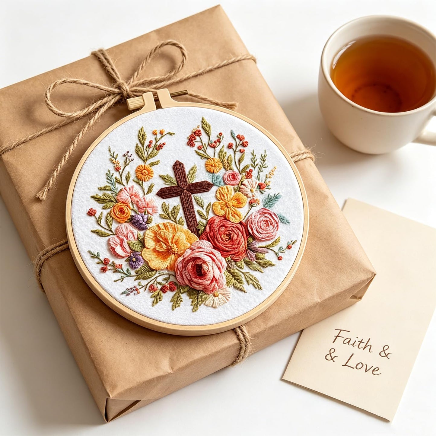 ZGEZGE Cross and Flower Embroidery Beginner Kit β Christian Embroidery, Includes Embroidery Hoop, pre-Printed Cotton Fabric, Scissors, Threader, and unraveler β Easter Gifts and Home Decor