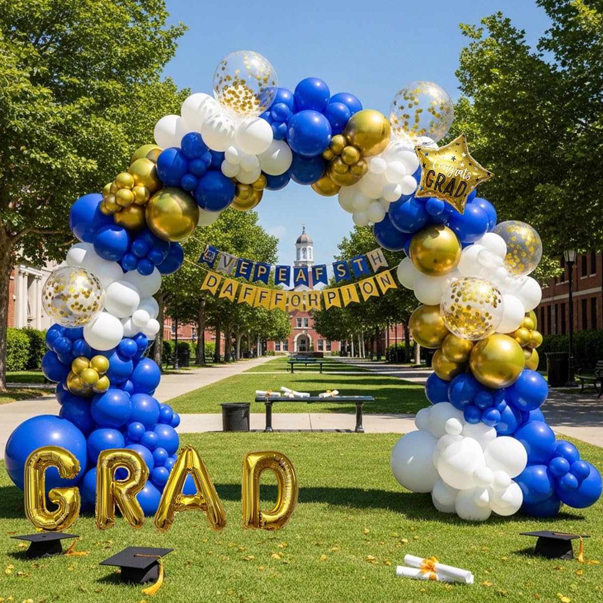 Graduation Balloon Arch Kit - 128Pcs Blue White and Gold Balloon Garland with 16" GRAD Letters, Star Foil and Confetti Balloons for Class of 2026 Grad Prom College Party Decorations