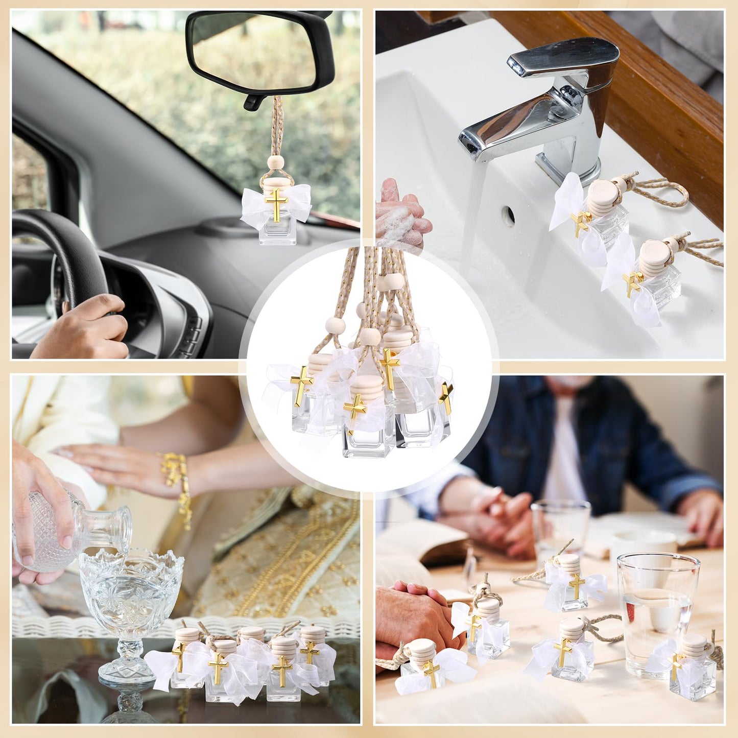 Afarnook 30 Set Holy Water Bottles Baptism Favors for Guest 8ml Mini Catholic Christian Holy Water Container with Cross Pin and Ribbon for Church Baptism Communion Christian Gift(White,Square)