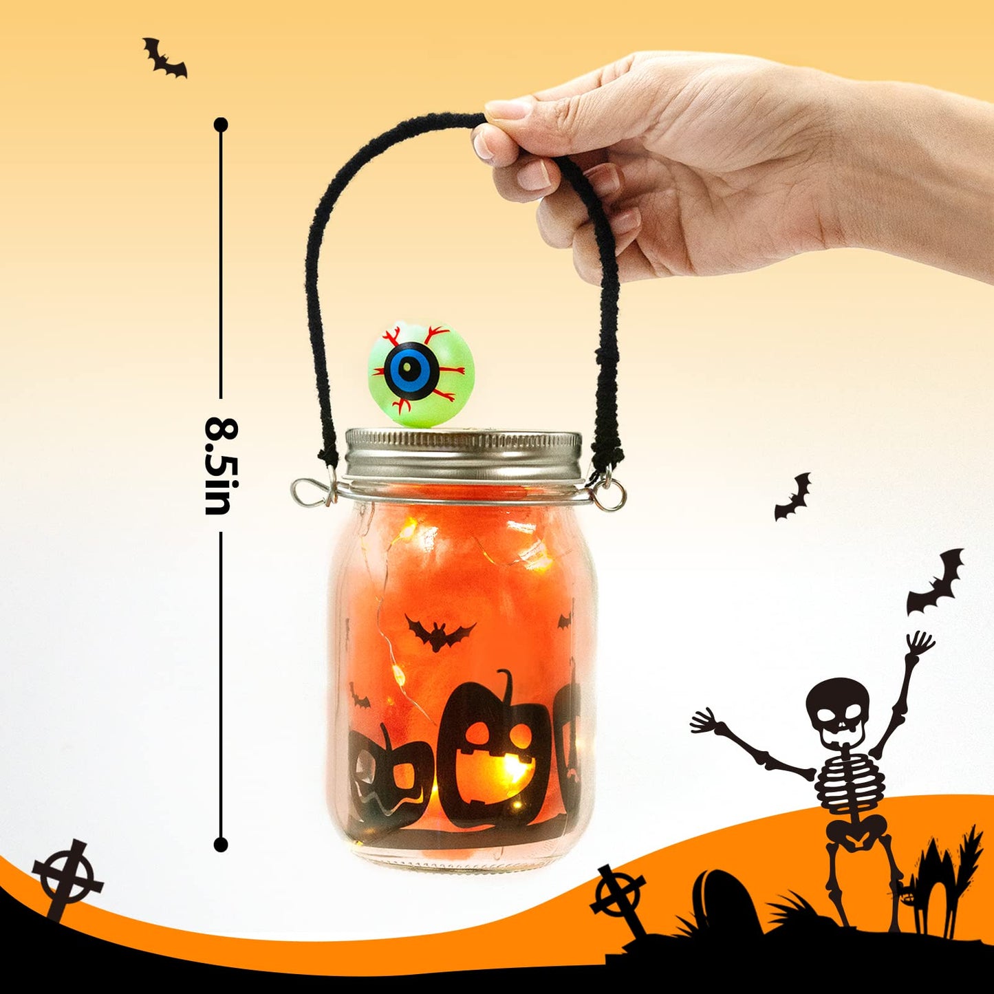 Shemira Halloween Craft Kit for Kids, 4 pcs Glass Mason Jar with Accessories for DIY Lantern Jar, Halloween Art & Craft Party Supplies, Art Activities