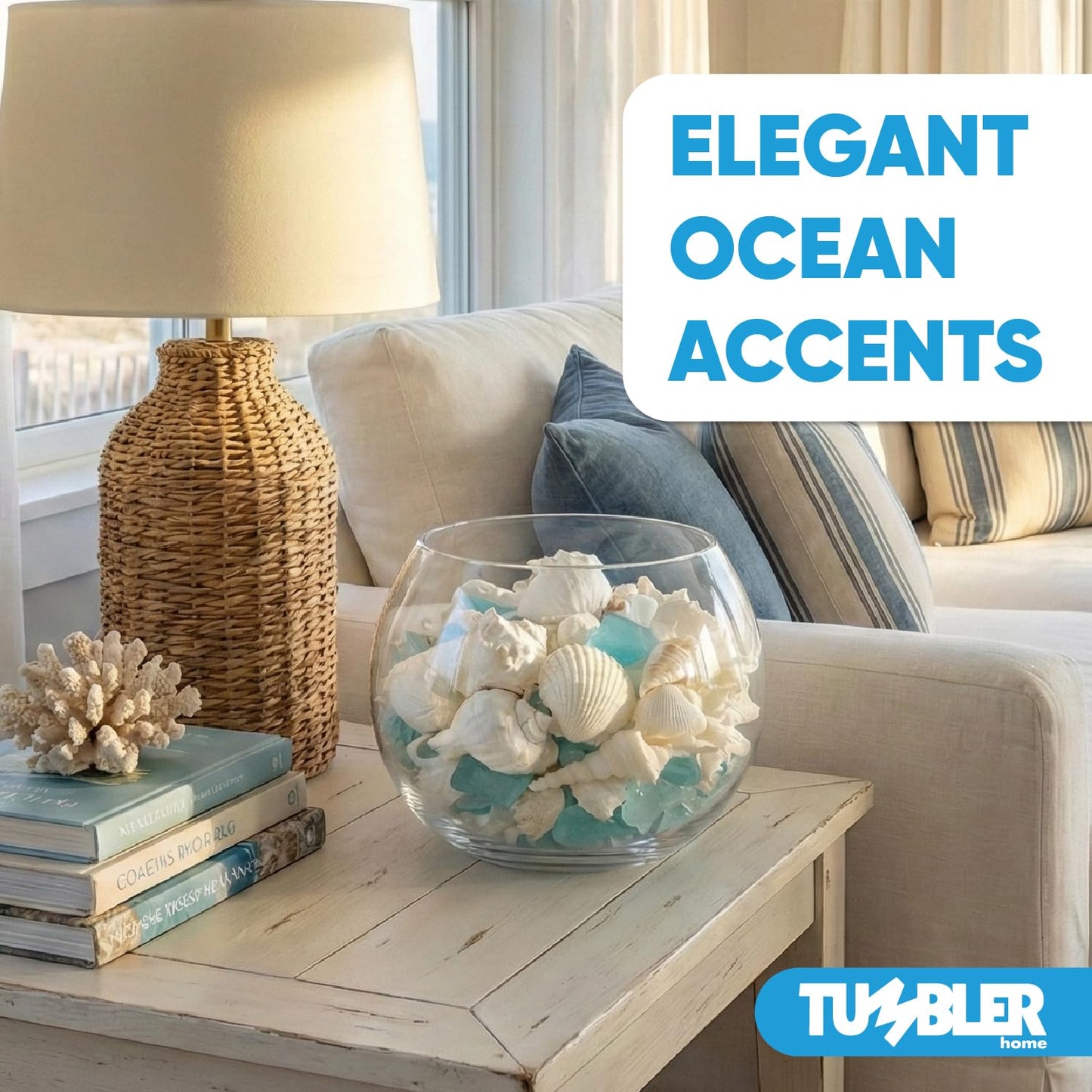 Tumbler Home White Sea Shell Mix with Aqua Sea Glass | Set Contains 1.5 lbs of Seashells and Seaglass | Beach Decor, Crafts, Wedding, Vase Filler