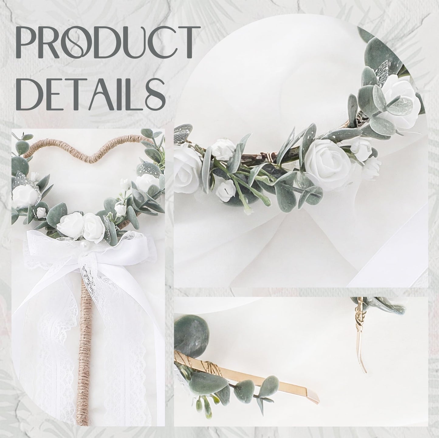 KorViSHOW White Flower Crown Headband, 2 PCS Artificial Rose Floral Headband with Boho Heart Floral Wand with Ribbon for Bride Fairy Woodland Wedding Vacation Birthday Party Hair Accessories