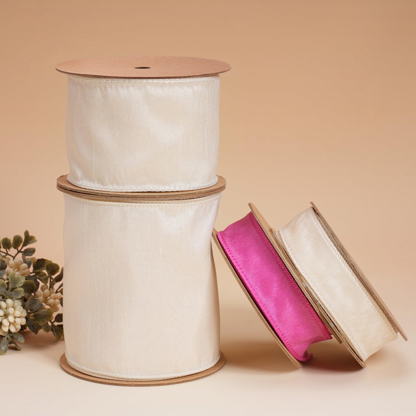 LaRibbons Ivory Ribbon Wired 4 Inch x 10 Yards Dupioni Ribbon with Wired Edge for Wreaths, Bows and DIY Decorations