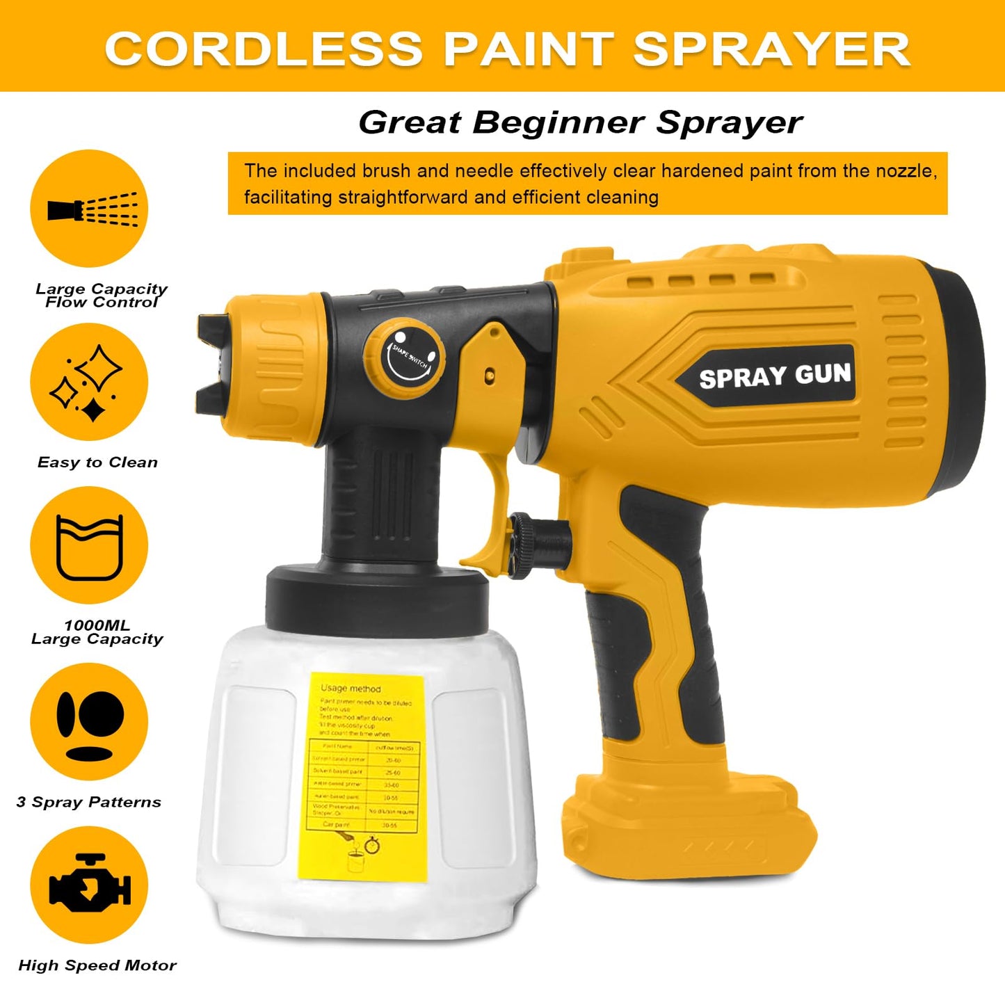 Cordless Paint Sprayer for Dewalt 20V Battery (Battery Not Included) - Electric Spray Paint Gun with 4 Copper Nozzles & 3 Spray Patterns, Ideal for DIY Projects, House Painting, Furniture, Fence