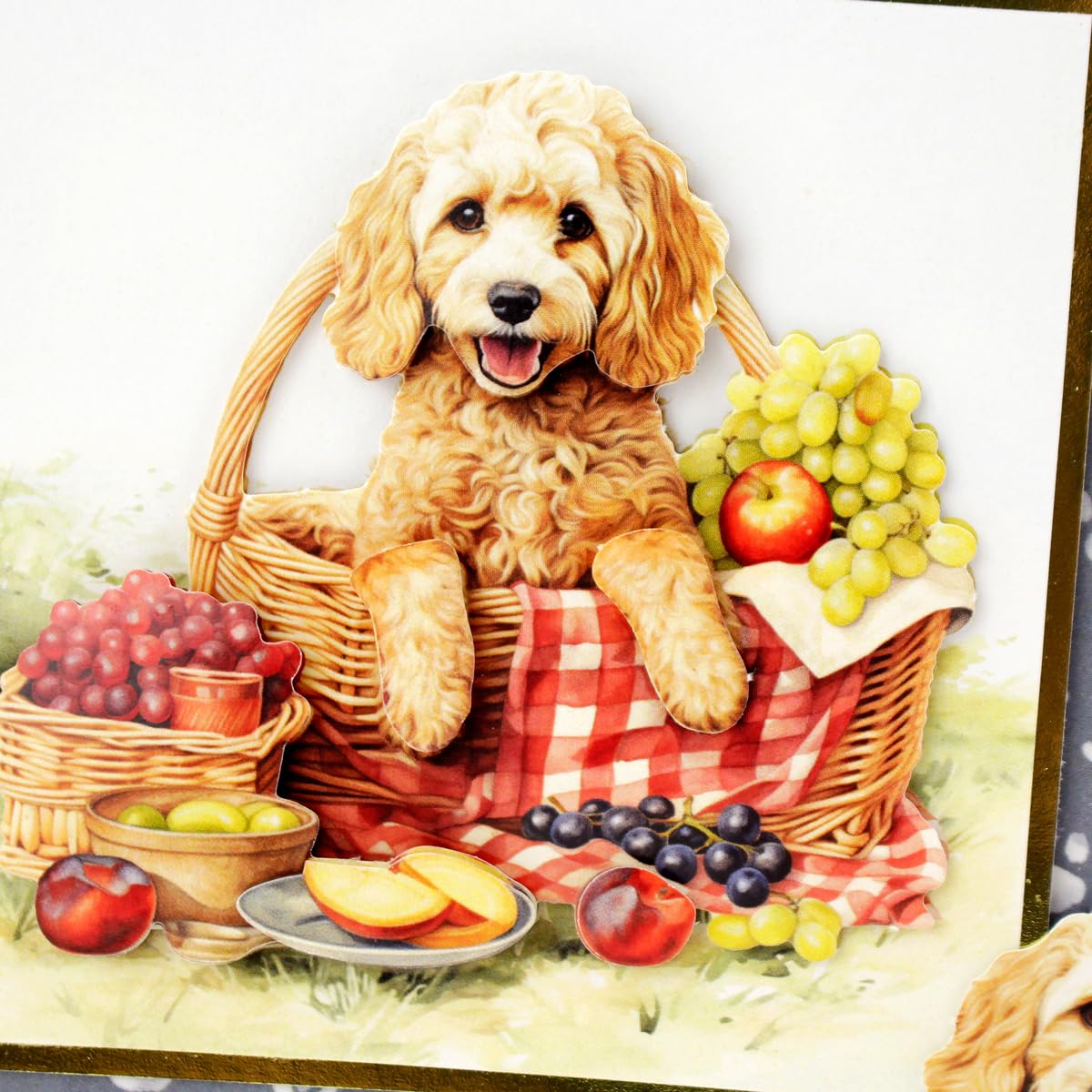 Katy Sue Designs Picnic Pups Die Cut Topper & Decoupage Collection. 4 Sheets of Dog-Themed Square Card Toppers & 4 Sheets of Matching Die Cut Decoupage Sheets for Card Making Supplies & Craft Supplies