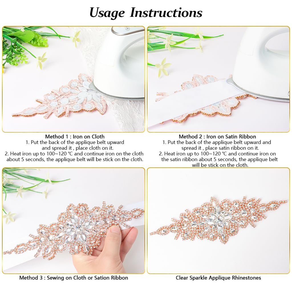 Pardecor Rhinestone Applique Wedding Bridal Sash Belt Dress Belt Sashes For Wedding Dress Crystal (181 Rose Gold)