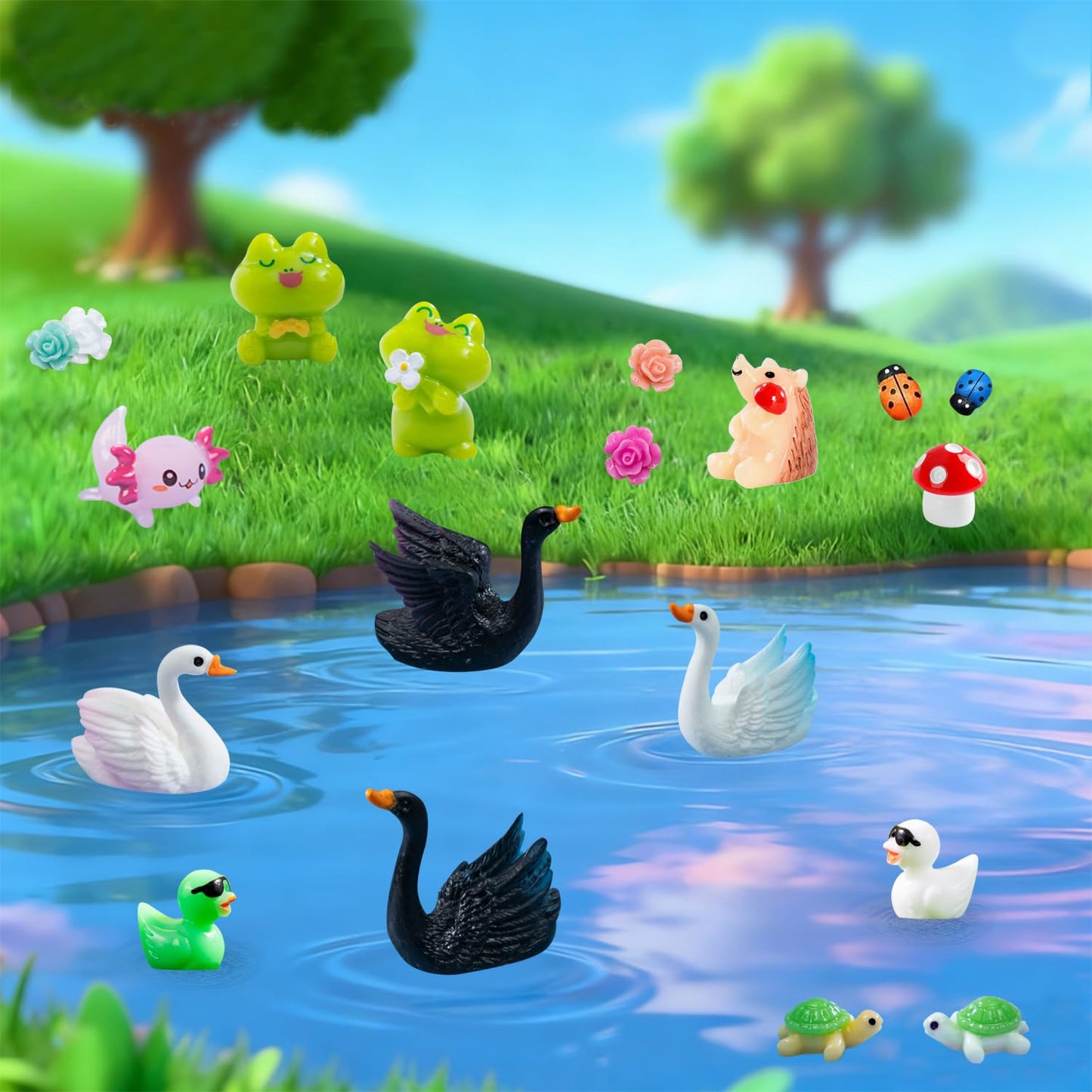 U-Zimikee 100 Pcs Mini Fairy Garden Accessories - Miniature Landscape Decorations with Bridge Pond House Gnome Figurines Mini Resin Animals Miniature Garden Figures Bulk for Dollhouse Garden Craft