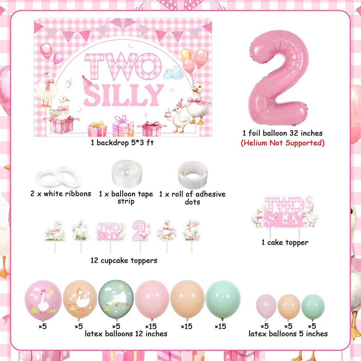 Two Silly Goose 2nd Birthday Decoration Little Goose Backdrop Gingham Cake Cupcake Topper Pink Green Apricot Latex Balloon Garland Arch Kit for Girl Farm Animal Second Birthday Party Supplies