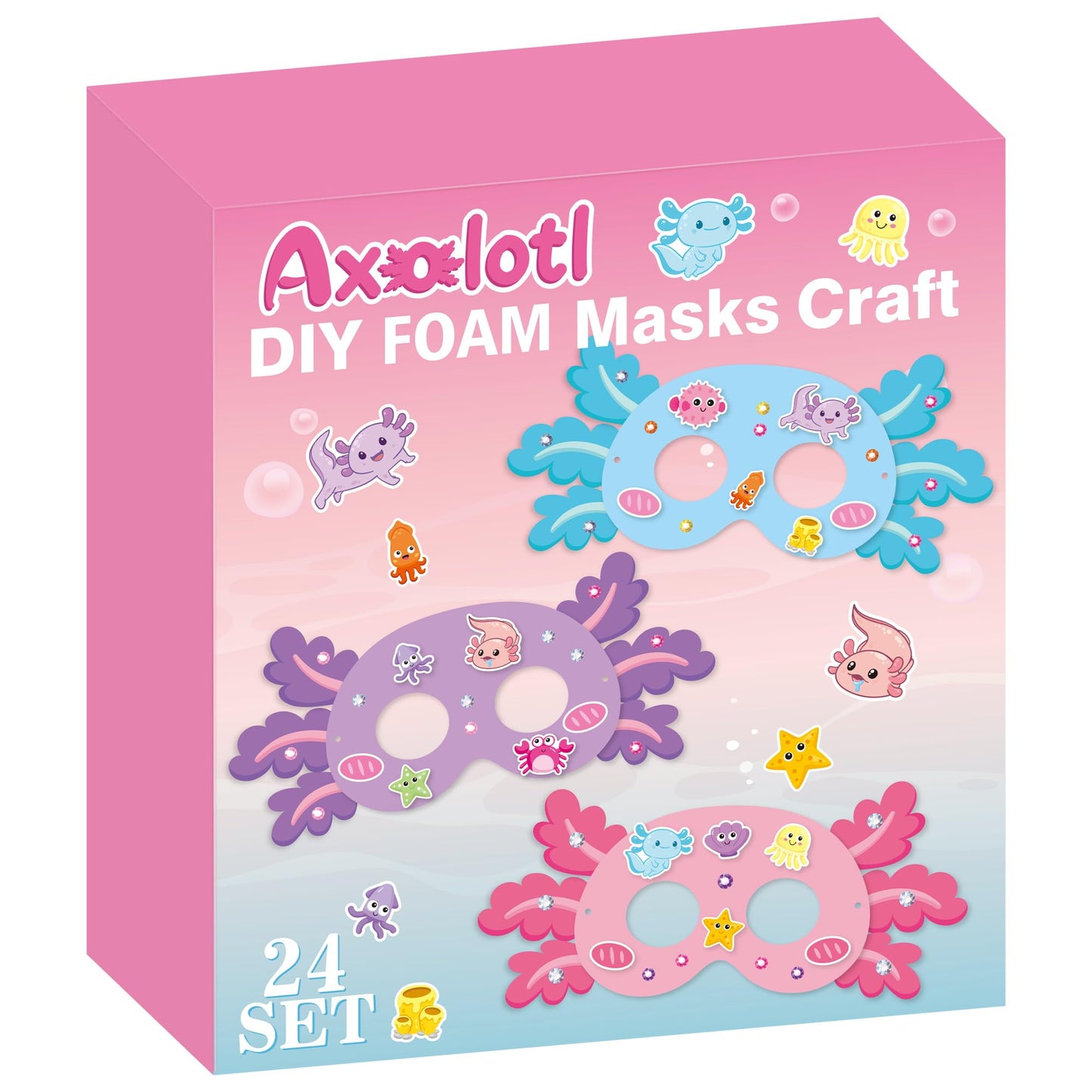 FoszaSzept Axolotl DIY Mask Craft Kit, 24Pcs Sea World Foam Axolotl Face Mask with Diamond Stickers, Make Your Own EVA Animal Birthday Party Favors for Kids School Classroom Art Activity Project