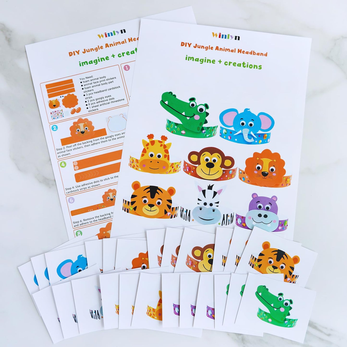 Winlyn 24 Sets Jungle Animal Headbands Craft Kits Safari Crown Art Sets DIY Zoo Party Headbands Foam Stickers Arts and Crafts for Kids Jungle Safari Birthday Activities Party Favors Decorations