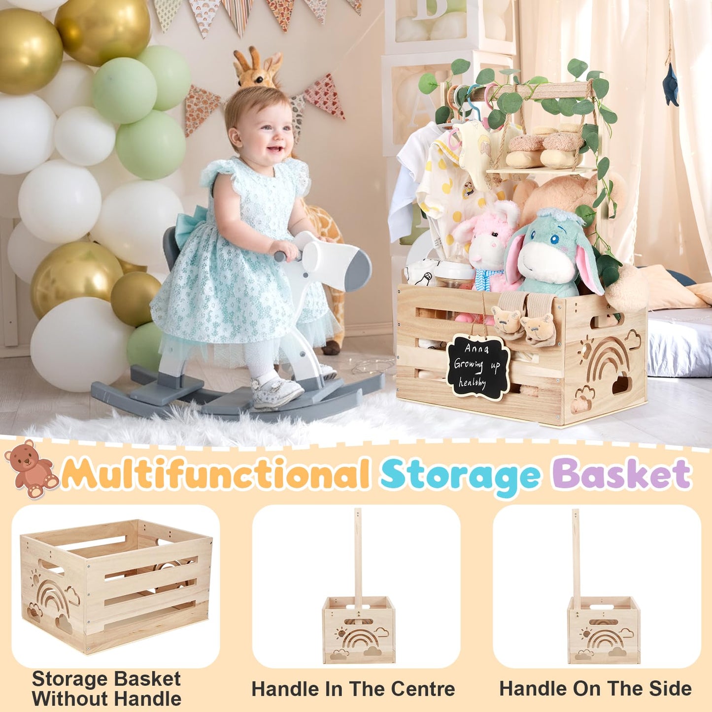 ELESTONE Wooden Baby Shower Crate Closet with Handle, Hangers & Garland, Large Capacity Baby Basket for Baby Shower, Customizable Wooden Crate Box Newborn Parents Welcome Gift (Natural Wood)