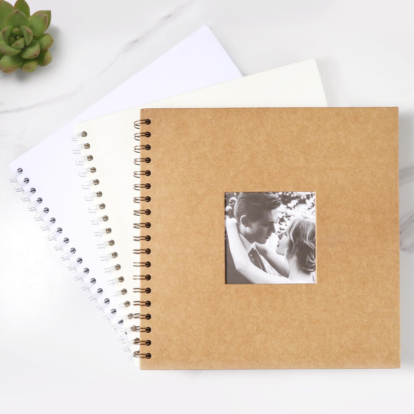 MEMOTOR Scrapbook 10 x 10 Inch DIY Square Photo Window + 3 Corner Stickers, Photo Album Hardcover Kraft Paper Brown 20 Sheets/ 40 Pages