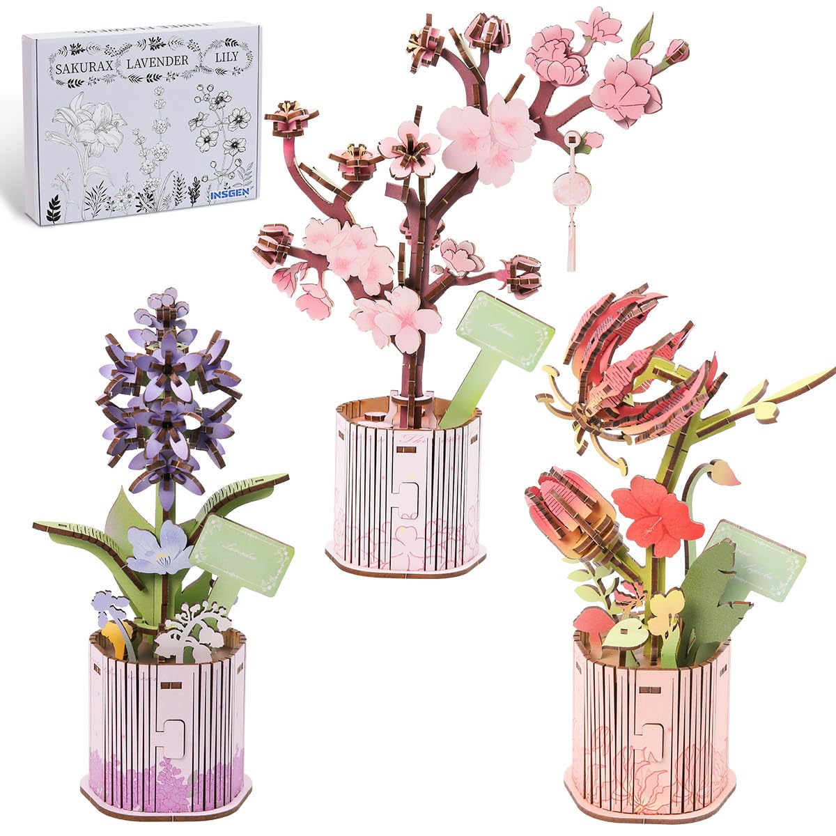 Insgen 3D Wooden Flower Puzzle for Adults, DIY Wooden Bouquet Building Sets, 3 Flowers Botanical Model Craft Kits, Living Room Shelf Table Decor, Gift for Plant Lovers Enthusiasts