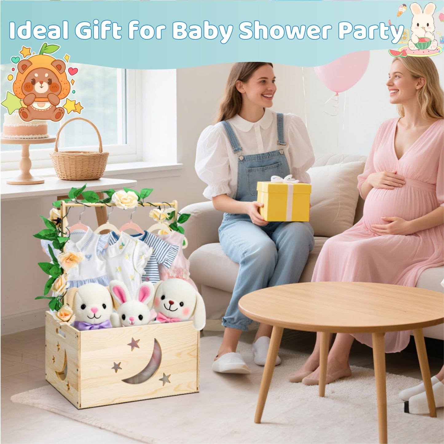 Jowgut Wooden Baby Shower Crate Closet, Large Capacity Toy Storage Basket with Handle Hanger Garland, Easy Assembly Storage Nursery Crate Hamper Personalized Gift Basket for New Parents