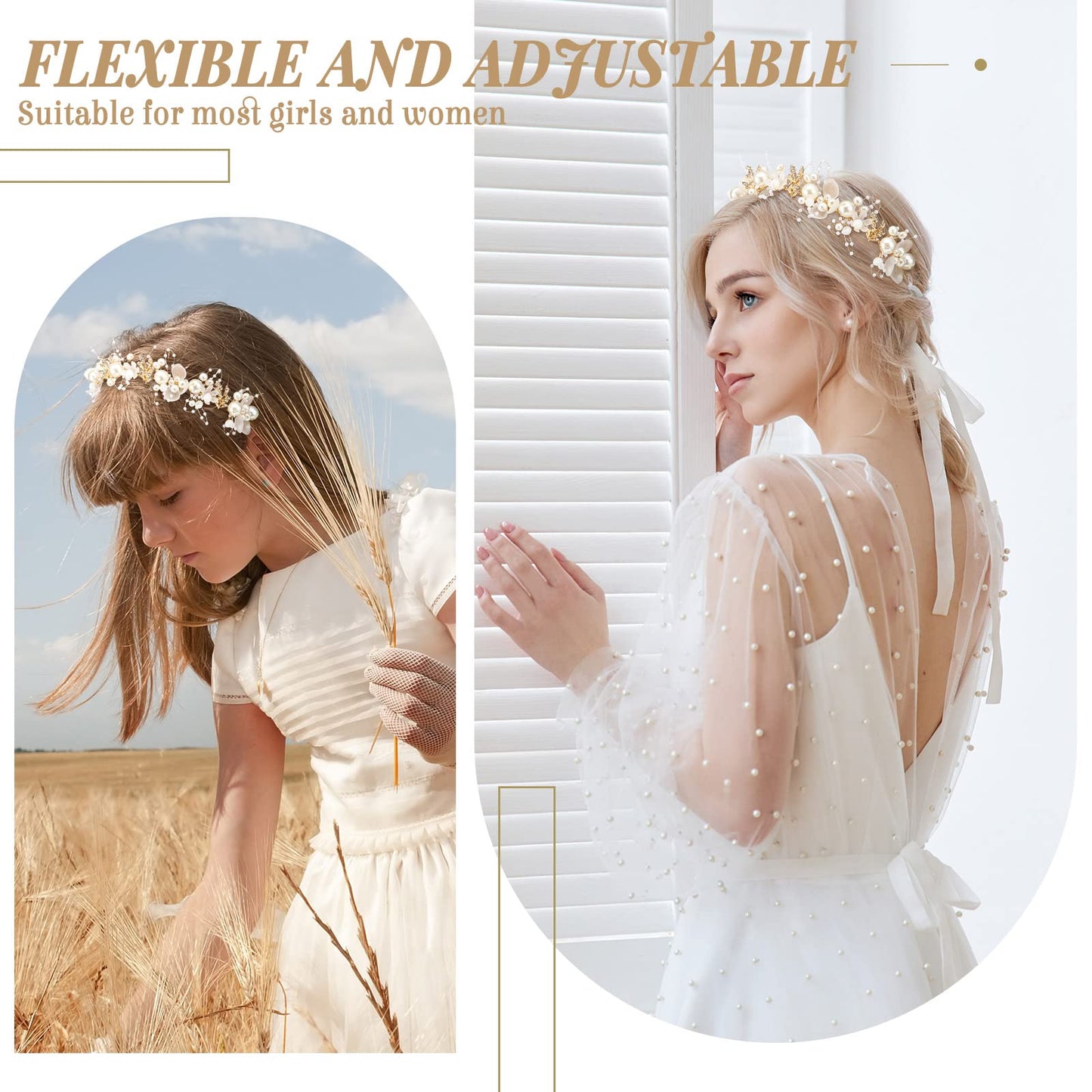 Retrowavy 2 Pcs Flower Girl Headpiece, Flower Girl Hair Accessories Rhinestone Crystal Princess Pearl Headband Bridal Hair Headband for Wedding First Communion(Gold)