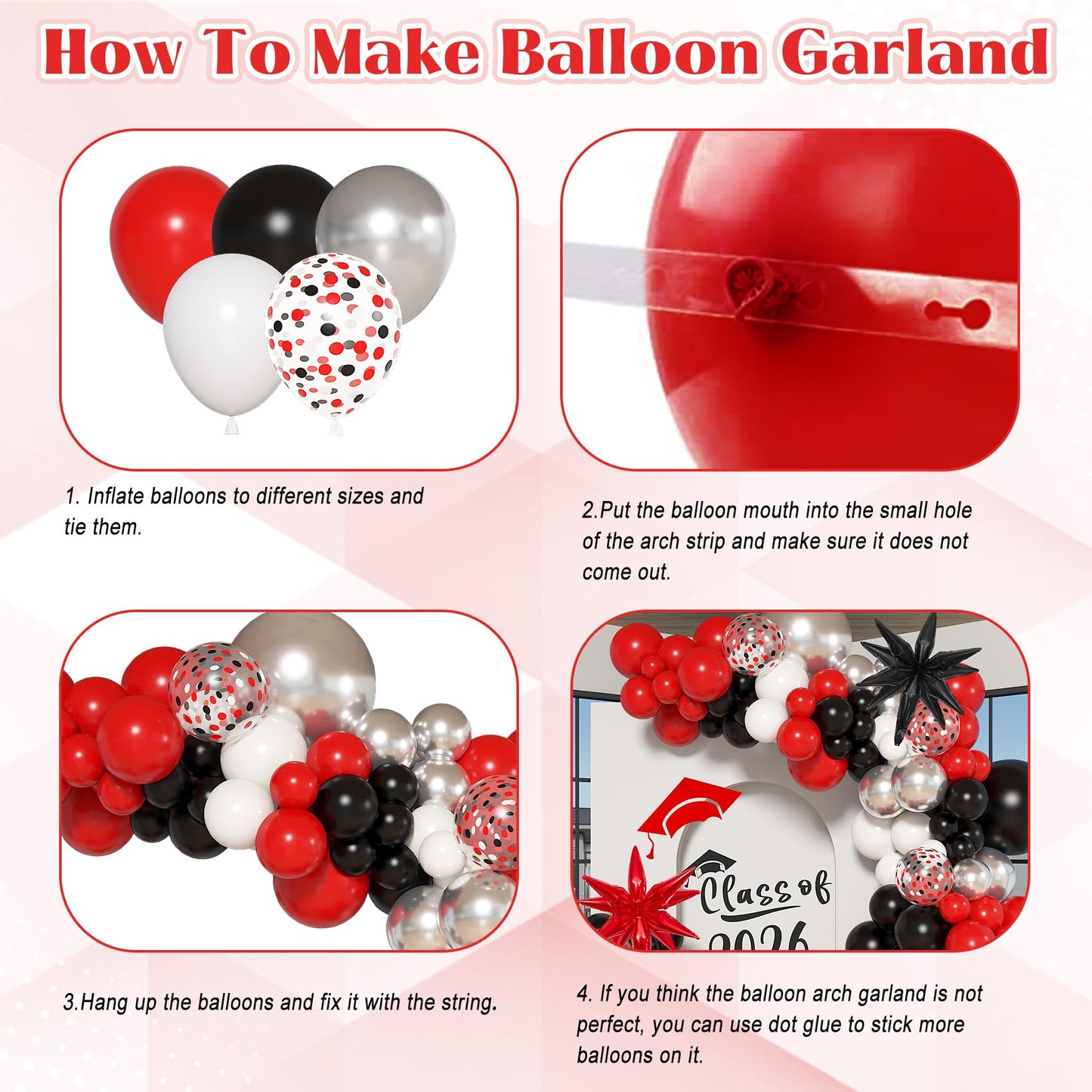 Ouddy Life 142pcs Red and Black Balloon Garland Arch Kit, Class of 2026 Decorations Graduation Red Black and White Sliver Confetti Balloons Foil Star for Anniversary Birthday Racing Car Poker Party
