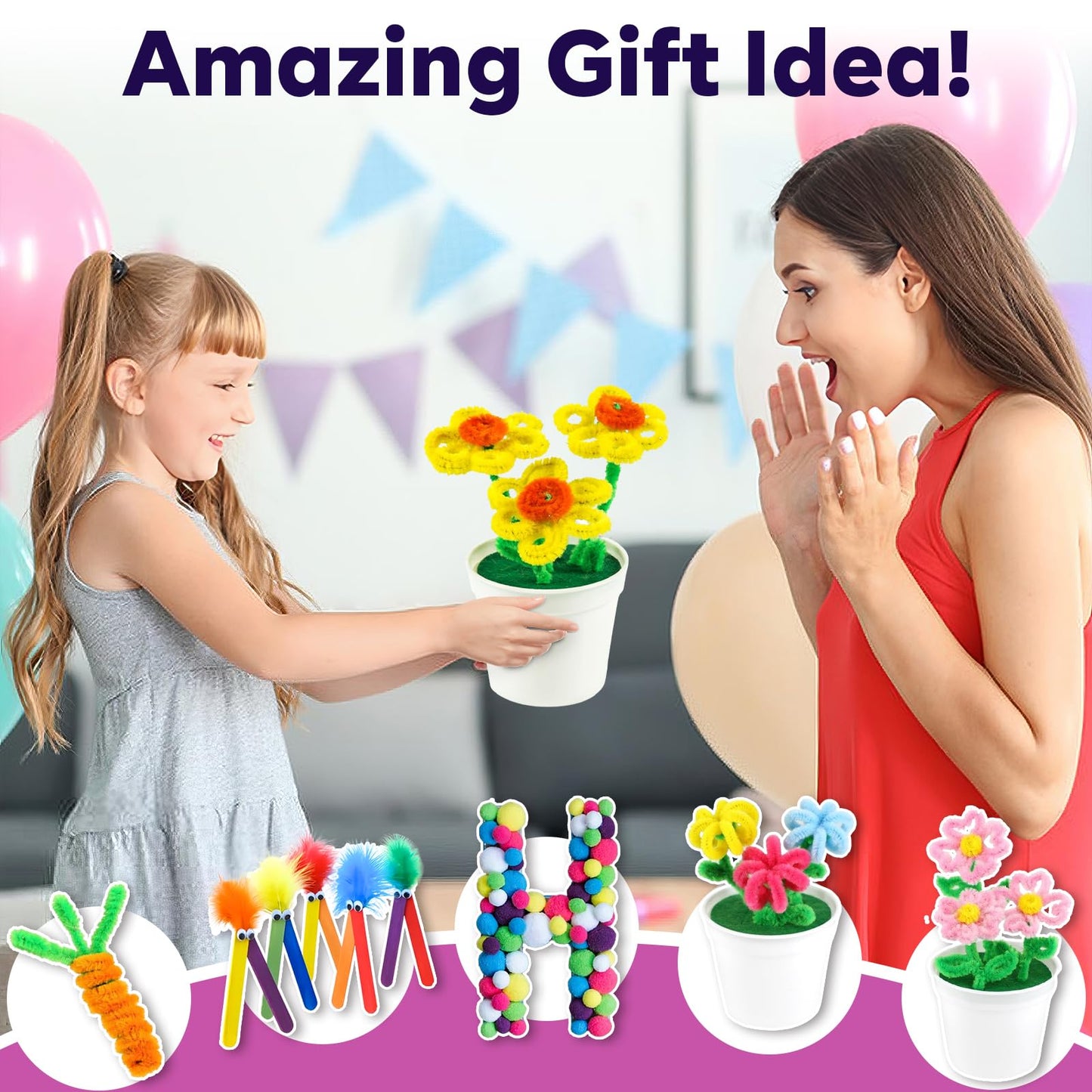 FUNZBO Arts and Crafts Supplies for Kids - Mother's Day Toddlers Craft Kit with Glitter Glue Stick,Pipe Cleaners Pom Poms Craft Tools, DIY School Supplies Kit, Birathday Gifts for Girls Boys Age 4+