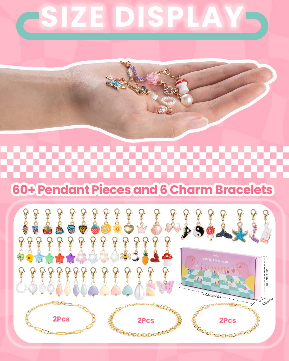 Deinduser Charm Bracelet Making Kit for Girls, Clip on Charms Kit for Bracelets, Charms for Bracelets with Clasp, Chain Bracelet Set for Girls, Ages 5-12