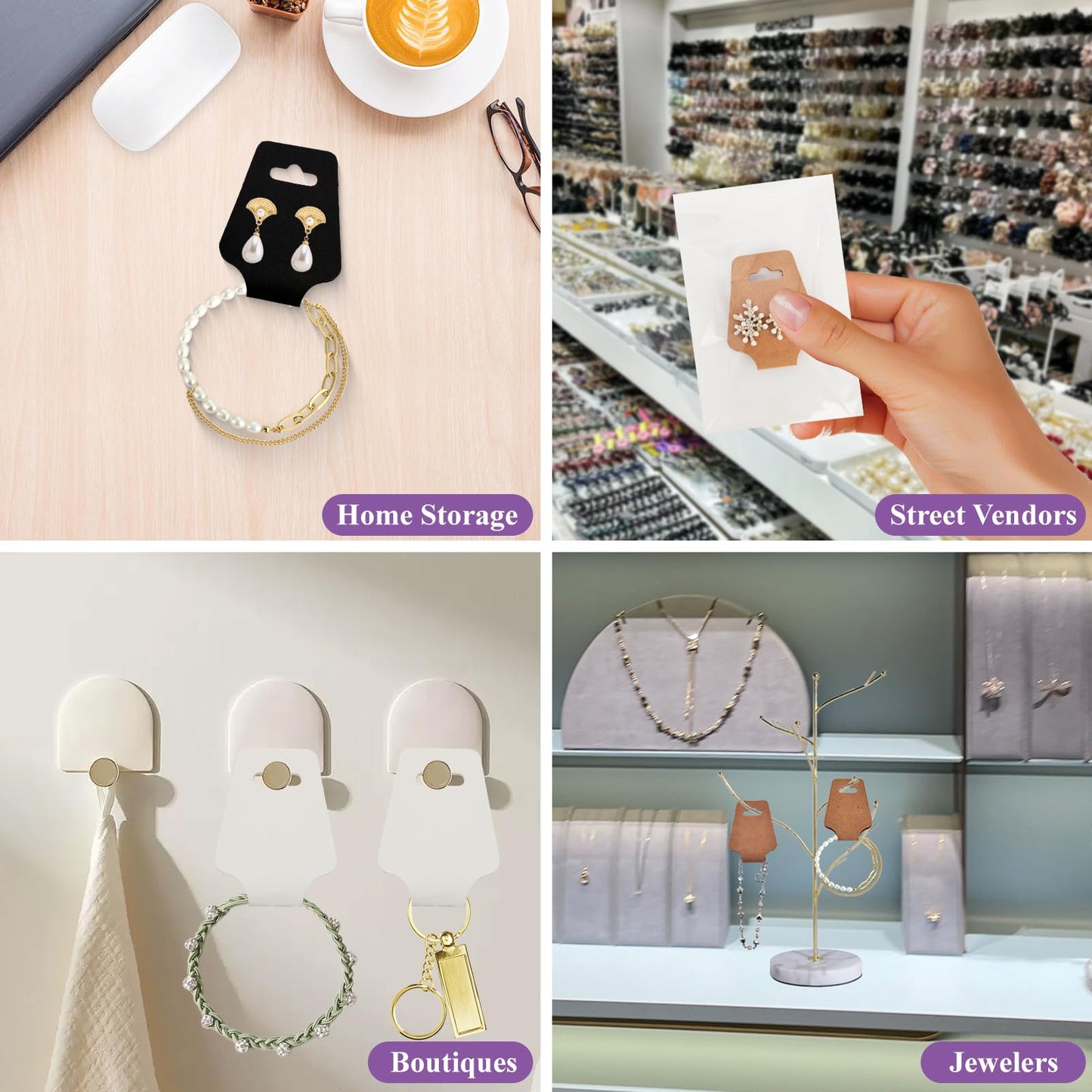 300pcs Jewelry Display Cards with Adhesive, 1.7 * 4.7inch Necklace Display Cards with 300pcs Packaging Bags Jewelry Holder Cards Hanging for Earring Hair Band Keychain Scrunchies (Black)