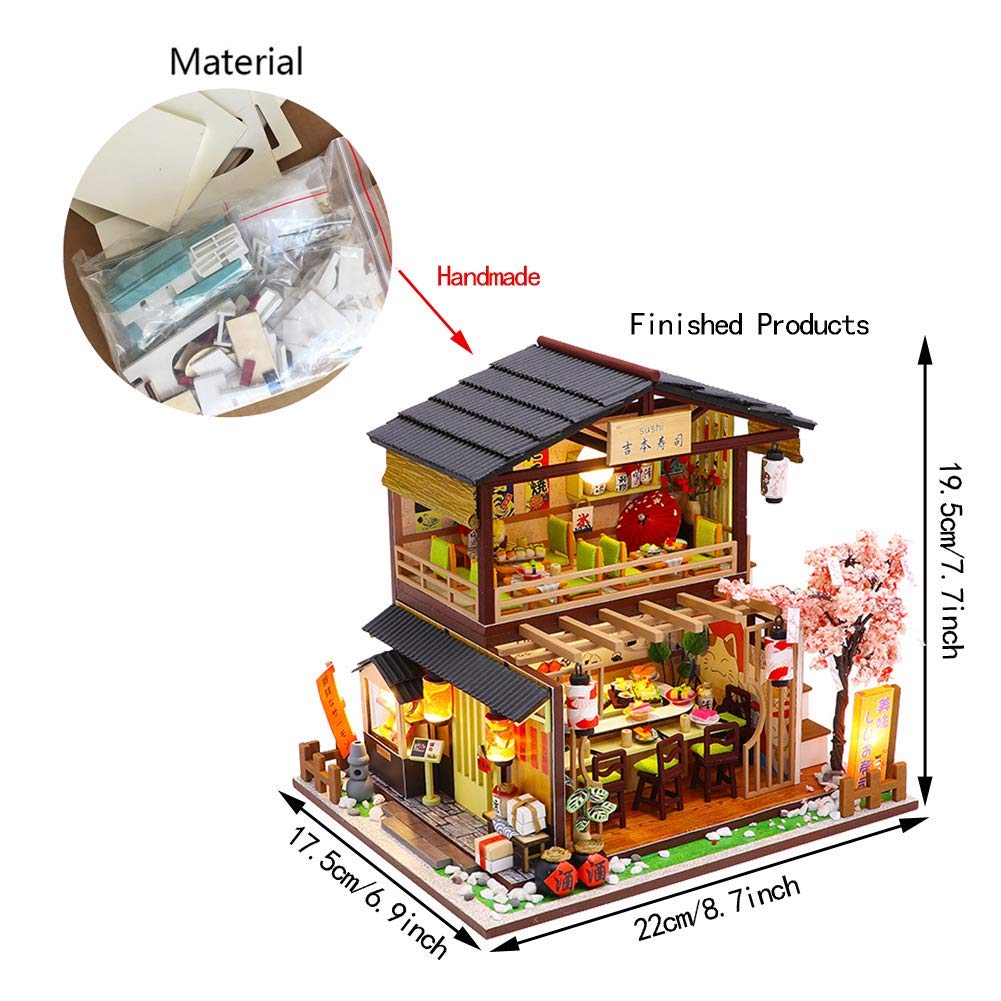 SYW DIY Miniature Dollhouse Kit with Furniture and LED Light,Japanese Sushi Shop Wooden Dollhouse, 1:24 Scale Creative Doll House Toys for Teen