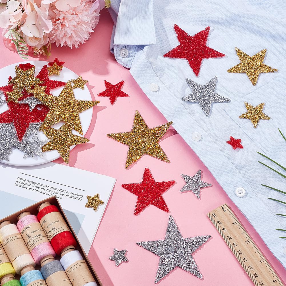 BEUNITONE Iron-On Star Patches for Clothing, 33PCS Glitter Rhinestone Stars in 4 Sizes, Crystal Star Patches Sew-On Alternative for DIY Hat, Jacket, Jeans, DIY Embellishment Kit, Gold Silver Red