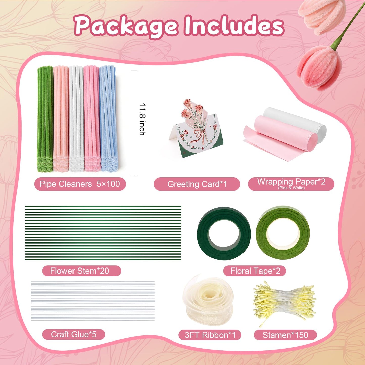 Qiorgar 680 PCS Pipe Cleaner Flower Crafts Kit – 5 Colors Bulk Pipe Cleaners for DIY Pink Flowers, All in One Chenille Stems Art and Craft Supplies for Gift