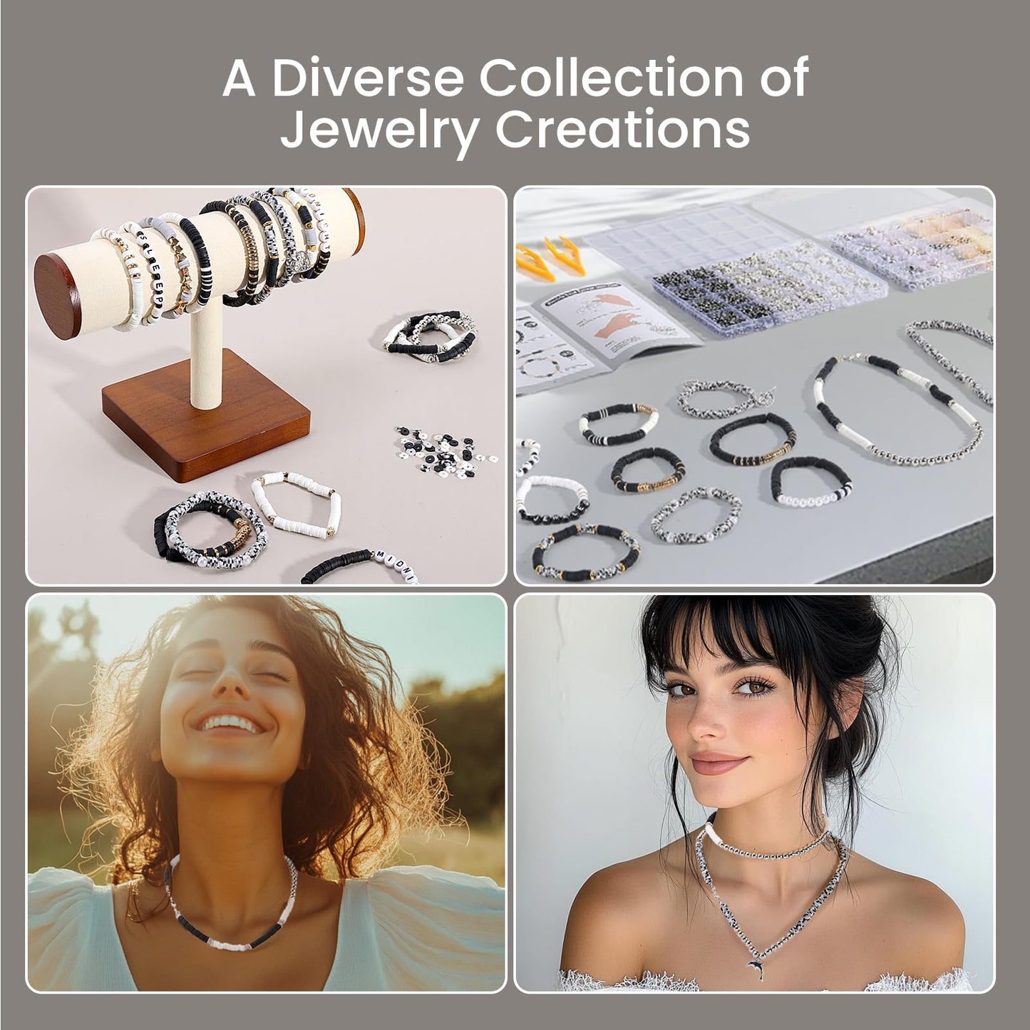 Beadact Clay Bead Spinner for Jewelry Making Kit, 8116PCS Black White Gold Beads with Bracelet Spinner, Friendship Bracelet Maker for DIY Crafts with Spacer Bead and Charm, Gift for Craft Lover&Adult