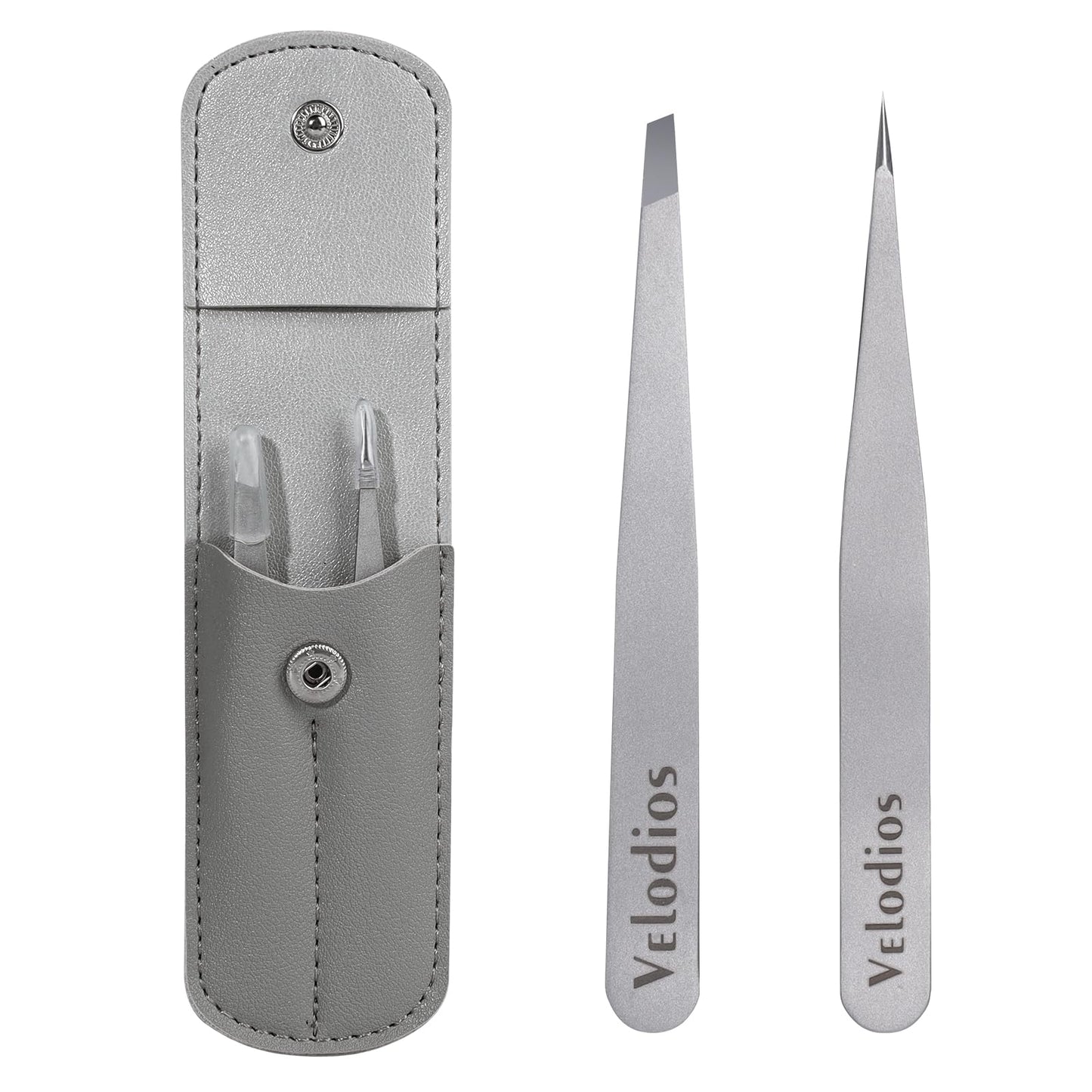 Velodios Tweezers for Eyebrows, Pointed Tweezers for Women Facial Hair, Ingrown Hair Removal, Slanted and Pointed Tip Tweezers Set with PU Travel Case, Premium Stainless Steel