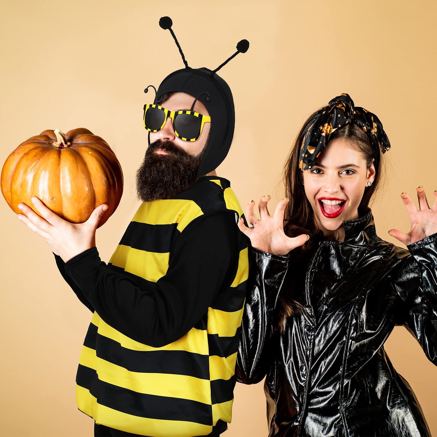 Haull 7 Pcs Adult Bee Costume Kit Men Bumble Outfit Bee Glasses Headband Basket Accessories Funny Halloween Cosplay Party(XX-Large)
