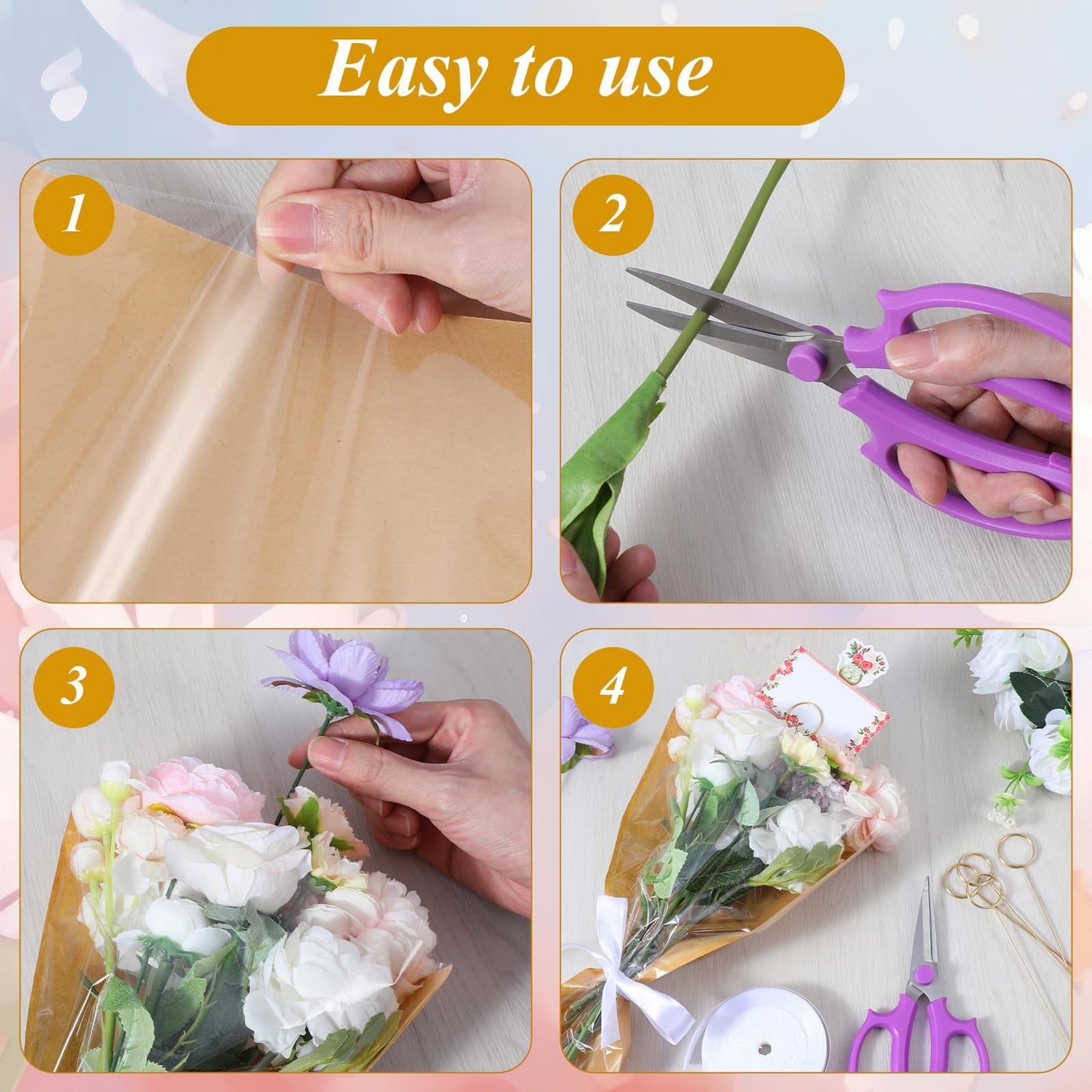 Oqqlin 100 Pcs Flower Bags for Bouquets, 9.4 x 18.1 Inch Flower Packing Paper Sleeves with 50 Floral Card Holders, Ribbons and Scissors Floral Packaging Bags for Florist Wrap Supplies, Graduation