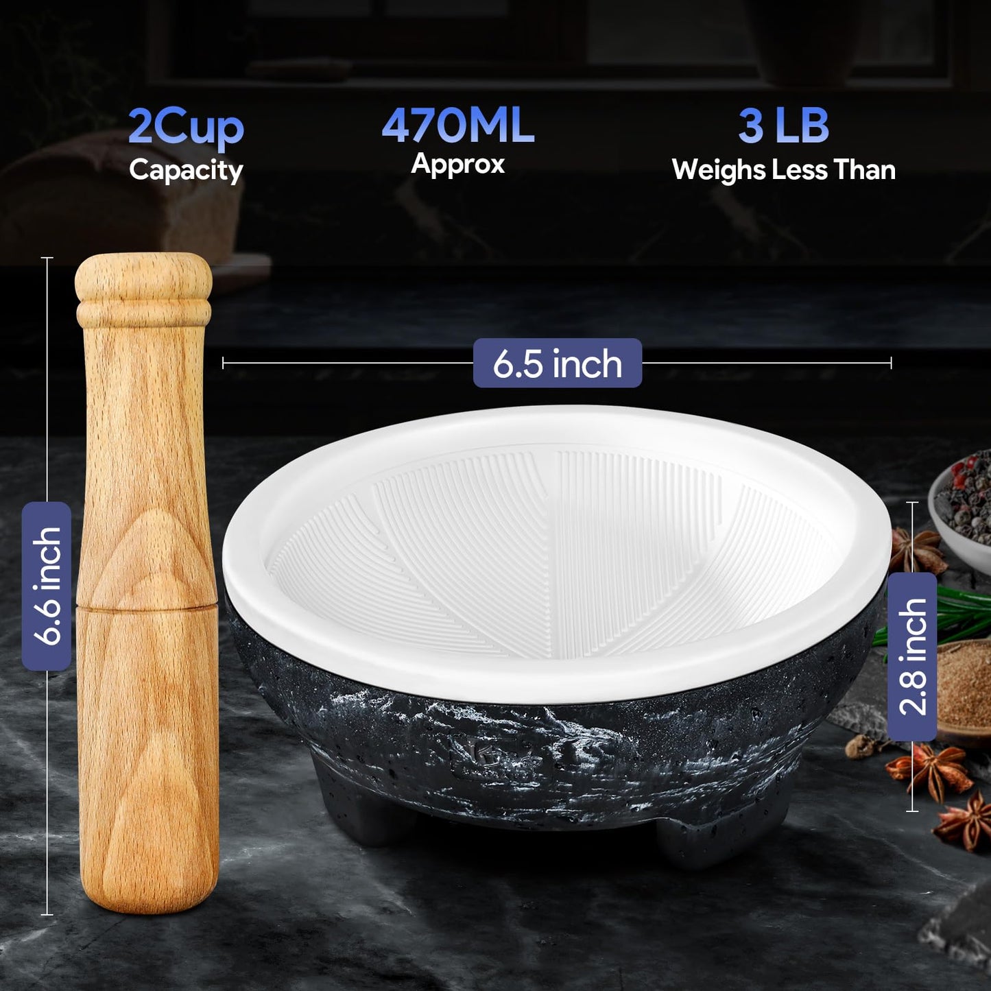 SYOKAMI No Rock Powder 2 Cup Mortar and Pestle Set with Silicone Covers, 6.5 Inch World's 1st Lightweight Molcajete Mexicano with Grinding Ridge, High Efficiency for Guacamole, Spice and Herb, Gift