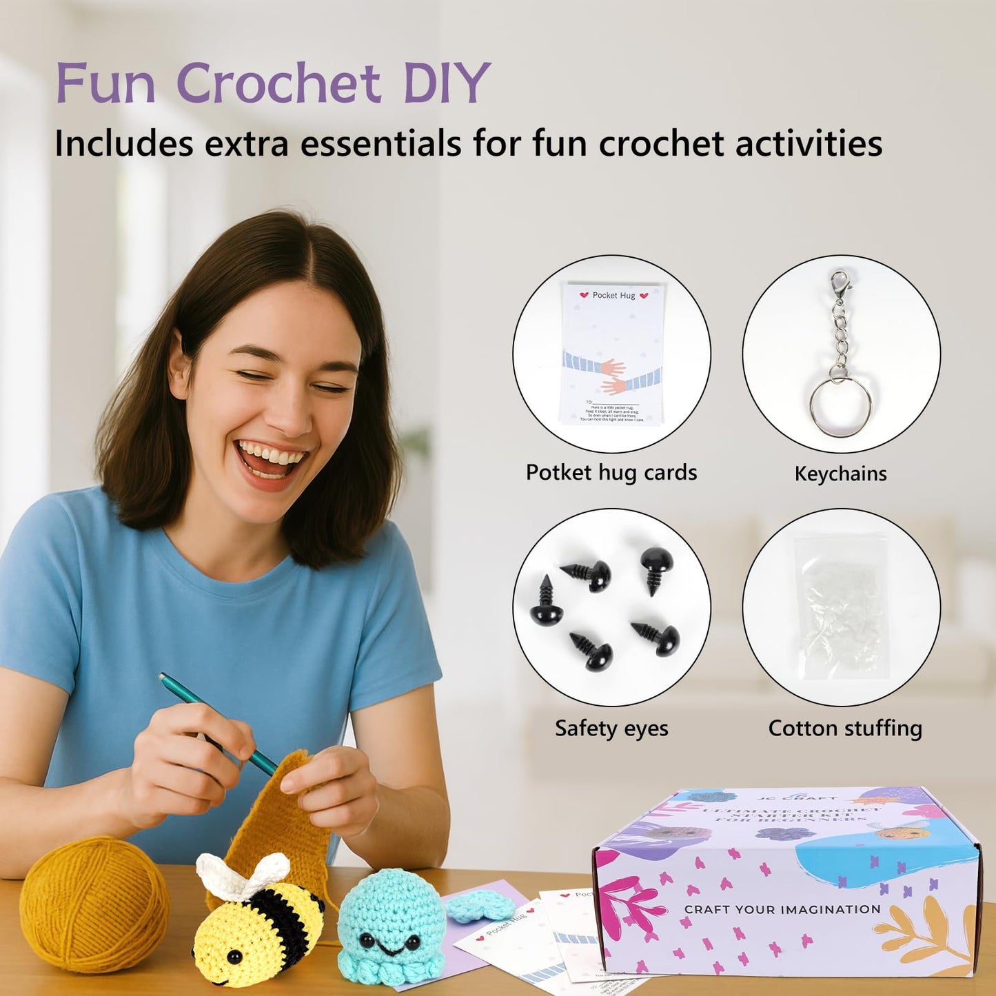 JC CRAFT Deluxe Beginner Crochet Kit – 116-Piece Set with 20 Yarns, Ergonomic Hooks, Accessories, Book for Beginners & Online Tutorial – DIY Starter Kit for Adults & Teens with Purple Bag & Case