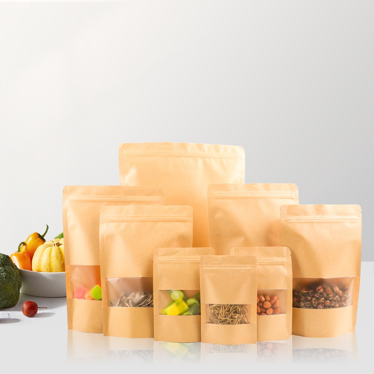 EIOFG Packaging 100PCS Kraft Paper Bags with Window(3.9" X 5.9"), Resealable Paper Bags for Food Storage, Stand Up Treat Bag Reusable for Candy, Cookie, Heat Seal Paper Bag for Small Business