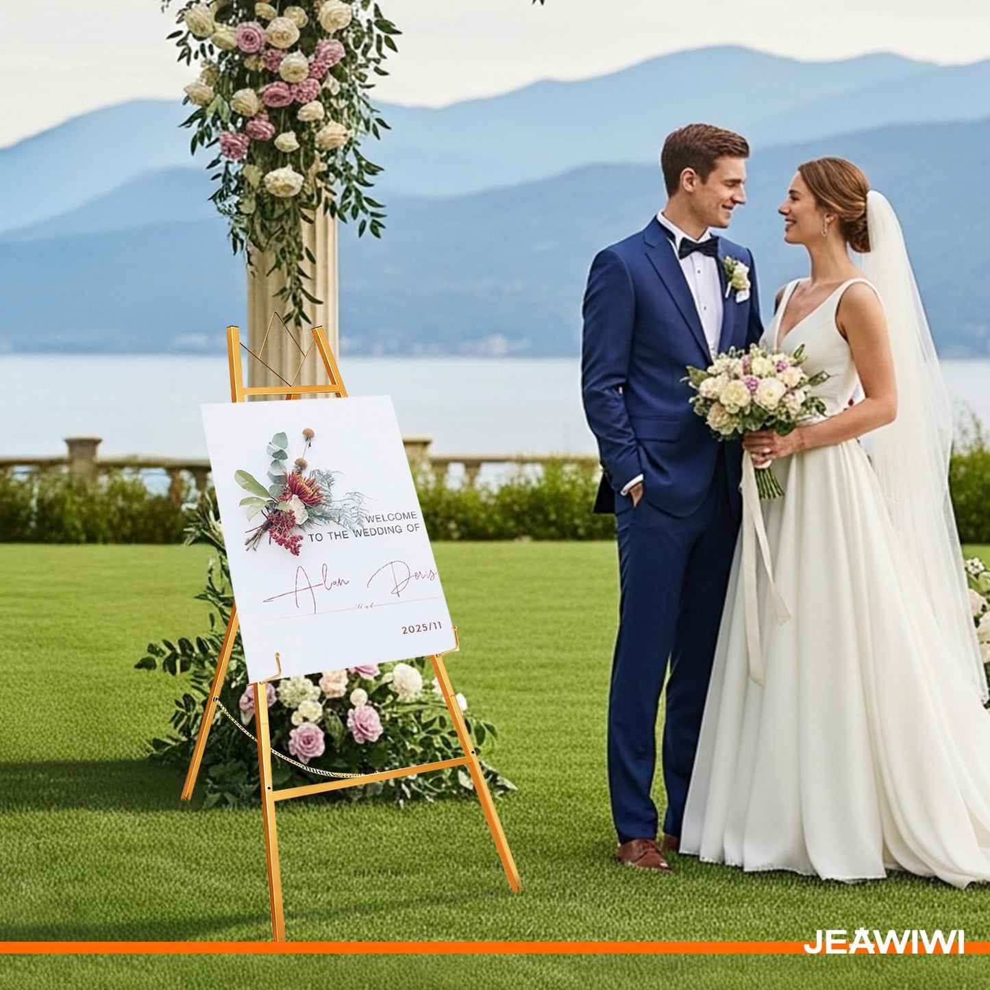 JEAWIWI Gold Easel Stand for Sign, 4-Tier Heavy Duty Metal Display Easels Stand with Adjustable Chain, Floor Easel for Wedding Sign, Painting, Commercial Display