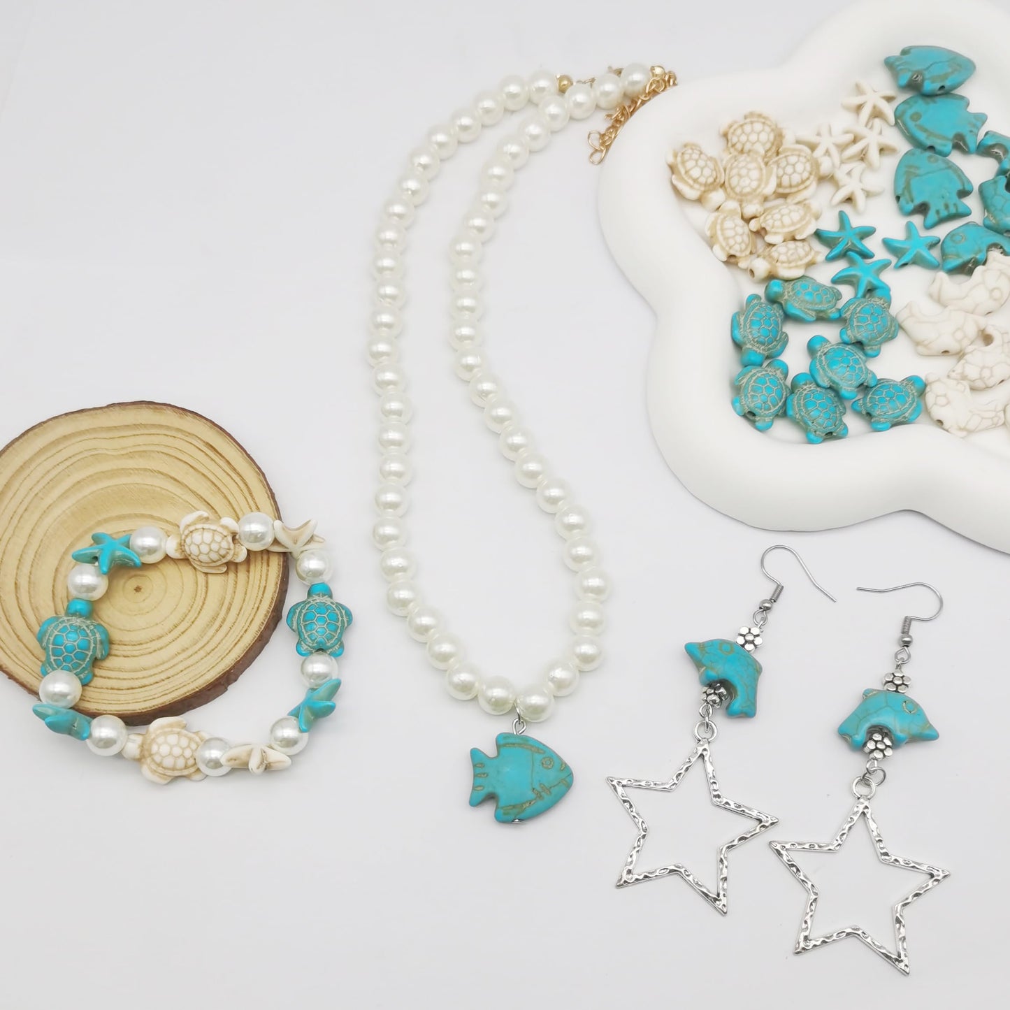 Julie Wang 422PCS Mixed Beach Ocean Jewelry Making Kit, Man-made Turquoise Starfish Turtle Beads Charm & Antique Silver Alloy Sea Animal Pendants, for Bracelet Necklace Earring Craft DIY Supplies