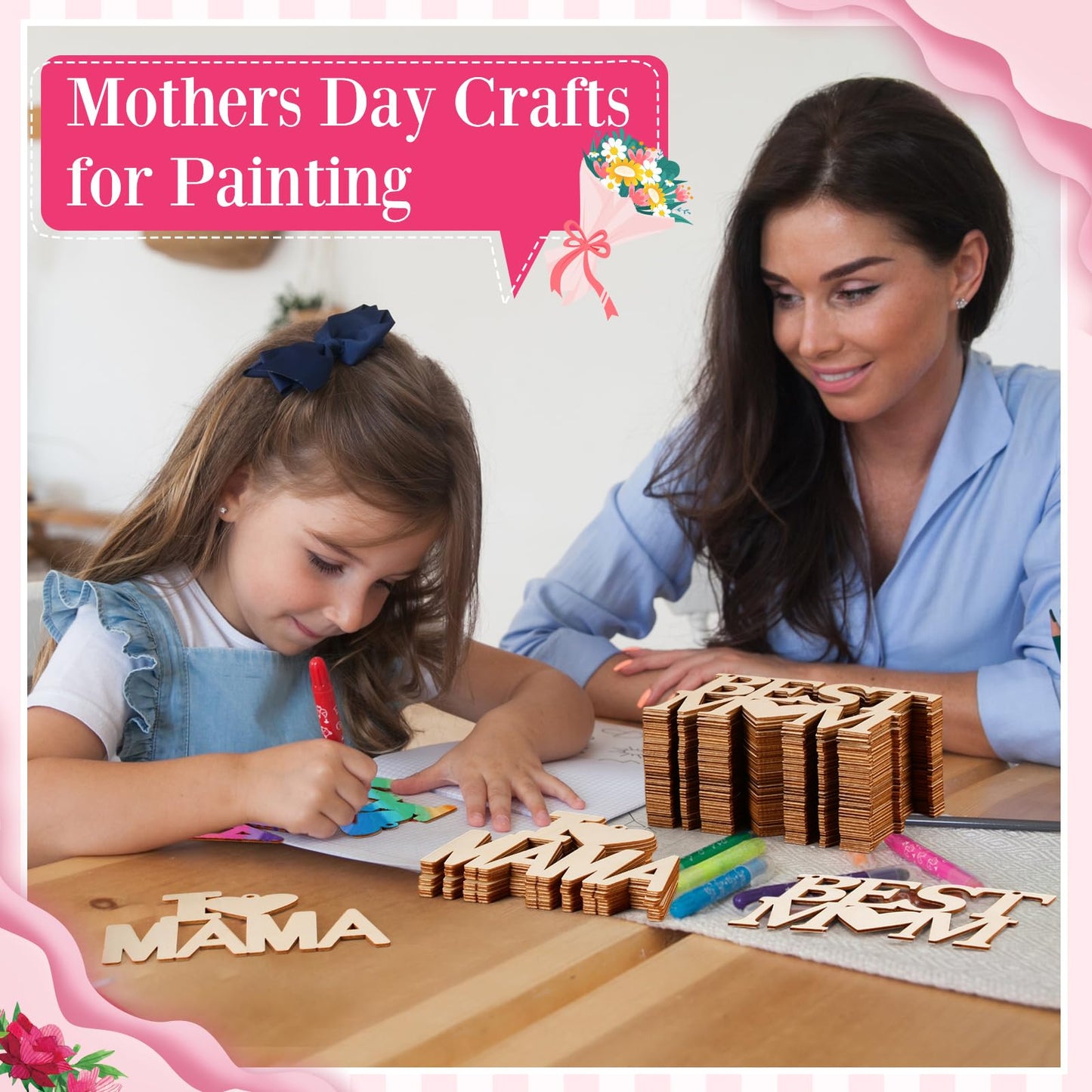Gerrii 80 Pcs 4.7 Inch Mother's Day Unfinished Wood Crafts for Kids Painting DIY Best Mom Cutouts to Paint Hanging Wooden Letters Ornaments for Mother's Day Gifts Bulk Birthday Party Decorations