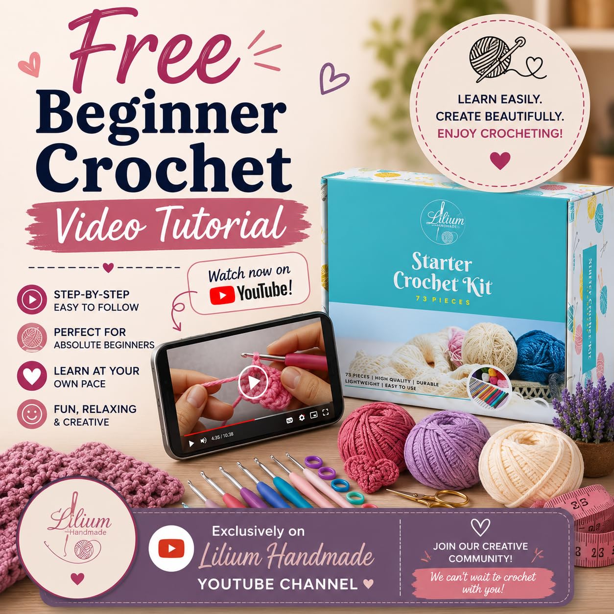 Starter Crochet Kit for Beginners Adults β 73PCS Complete Learn to Crochet Set with Yarn, Ergonomic Hooks & Accessories, Easy DIY Crochet Starter Kit, Craft Gift for Women, Teens & Adults