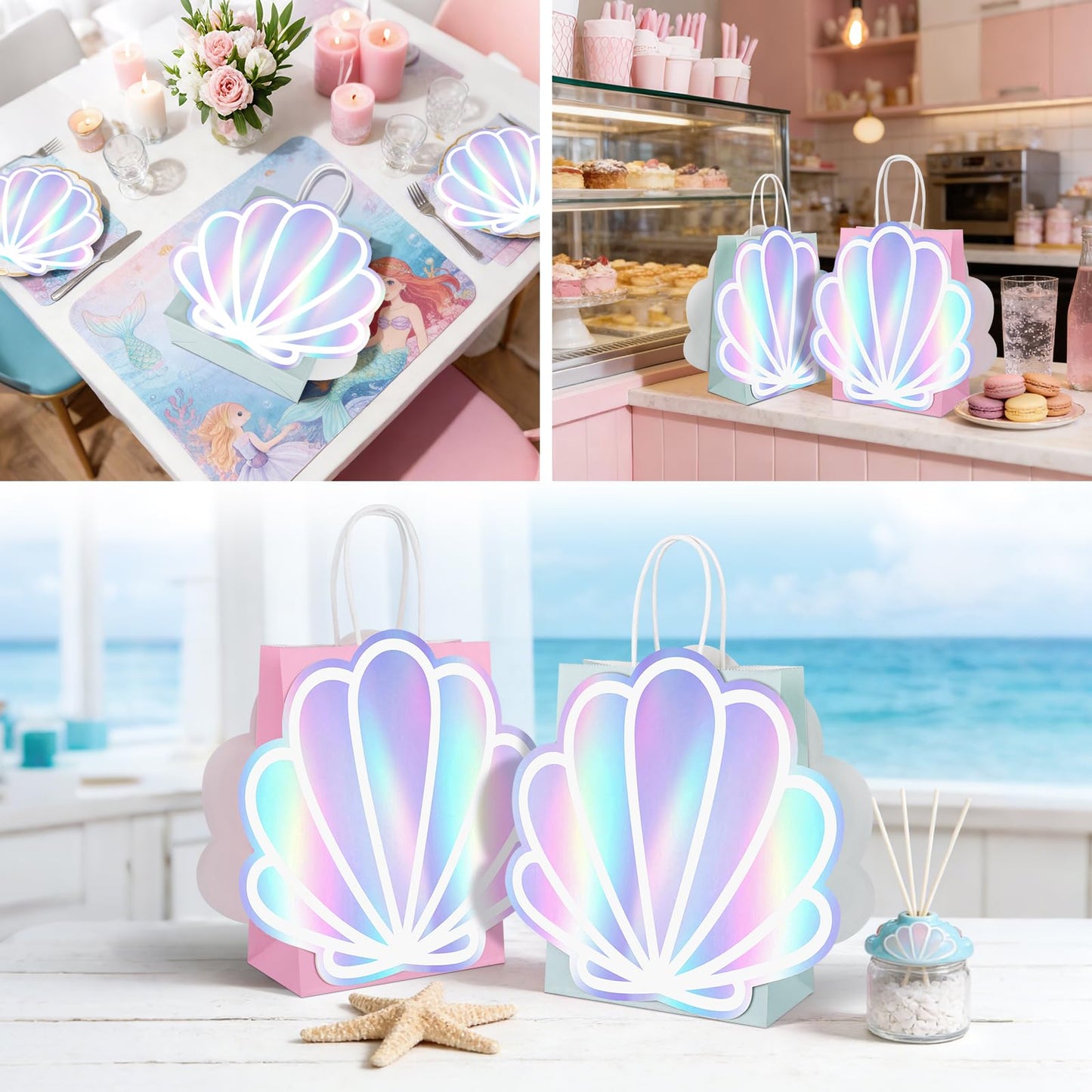 12 Pack Sea Shell Gift Bags For Mermaid Goodie Bags Party Favor Iridescent with Handle for Under The Sea Party Summer Ocean Beach Celebration Supplies