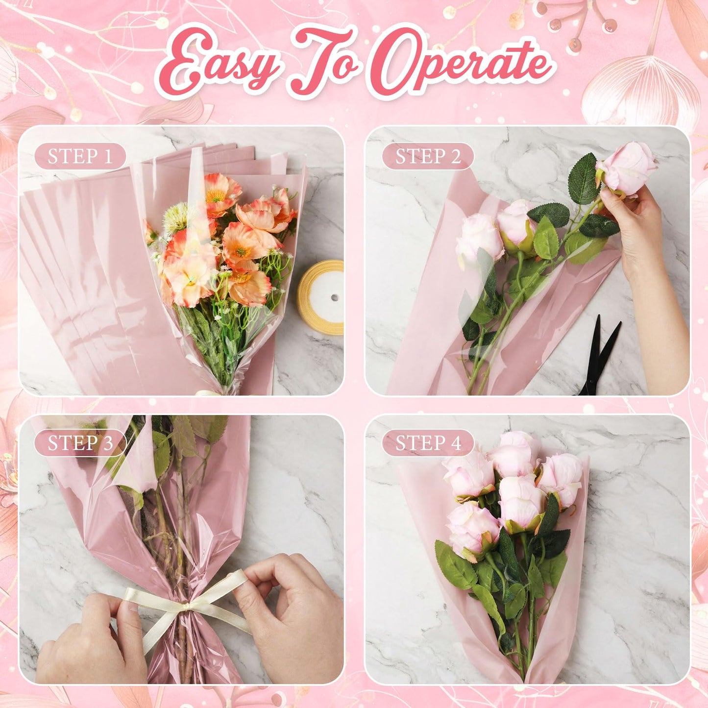 Jaloro 200 Pcs Pink Flower Bags for Bouquets 17.7 x 11 Inch Mother's Day Large Plastic Flower Sleeves Bulk with Ribbon Florist Supplies for Wedding, Birthday, Spring Graduation Gift Wrapping